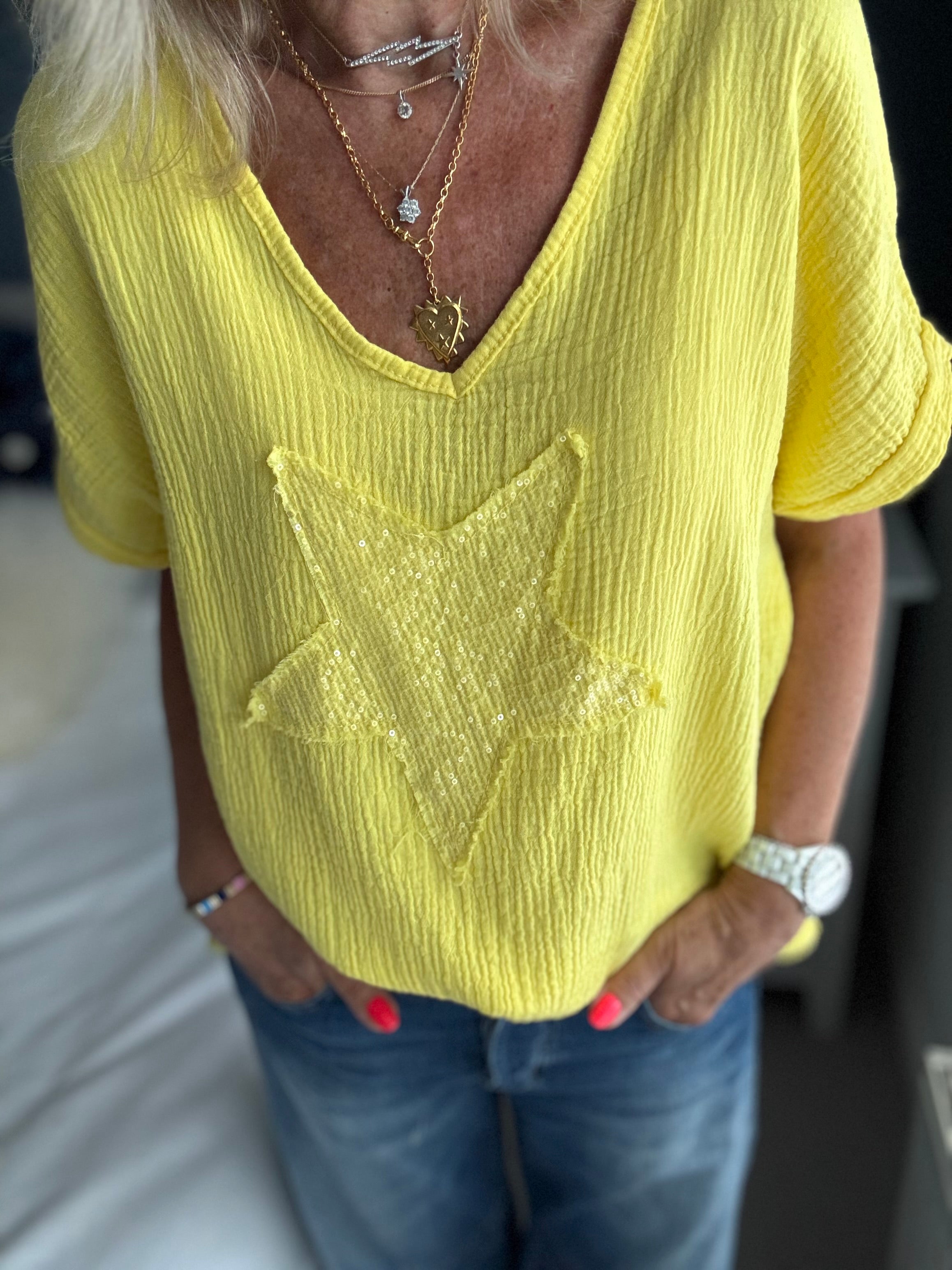 Cheesecloth Sequin Star Top in Sunshine Yellow