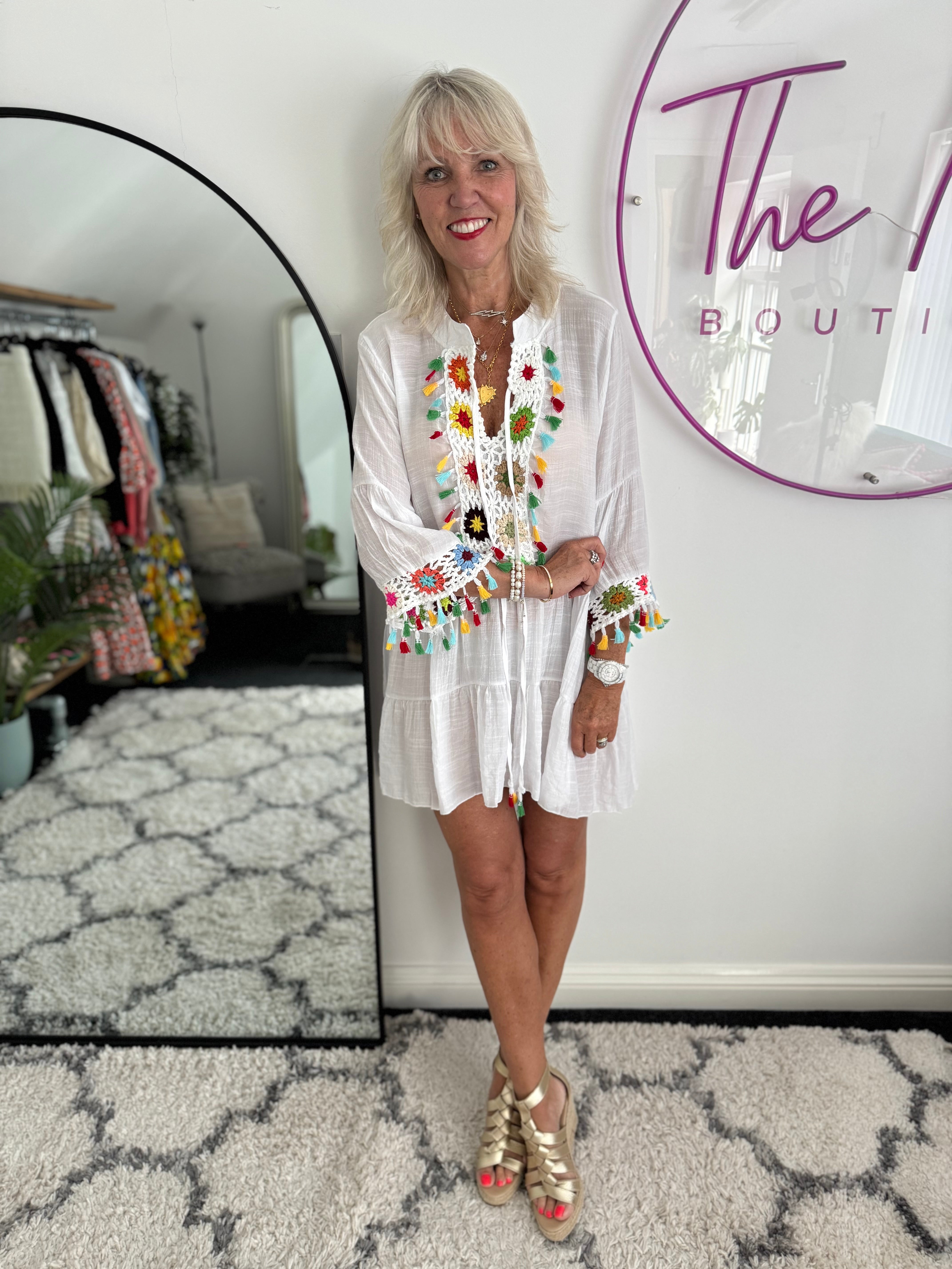 Cotton Mix Sundress with Crochet Detail in White