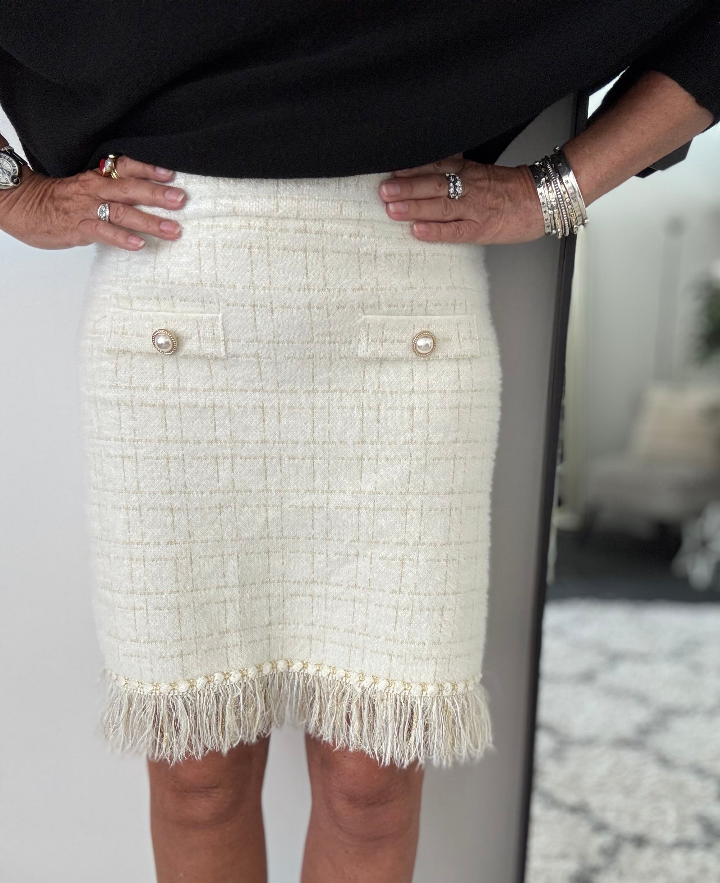Pearl Button & Tweed Skirt in Ivory