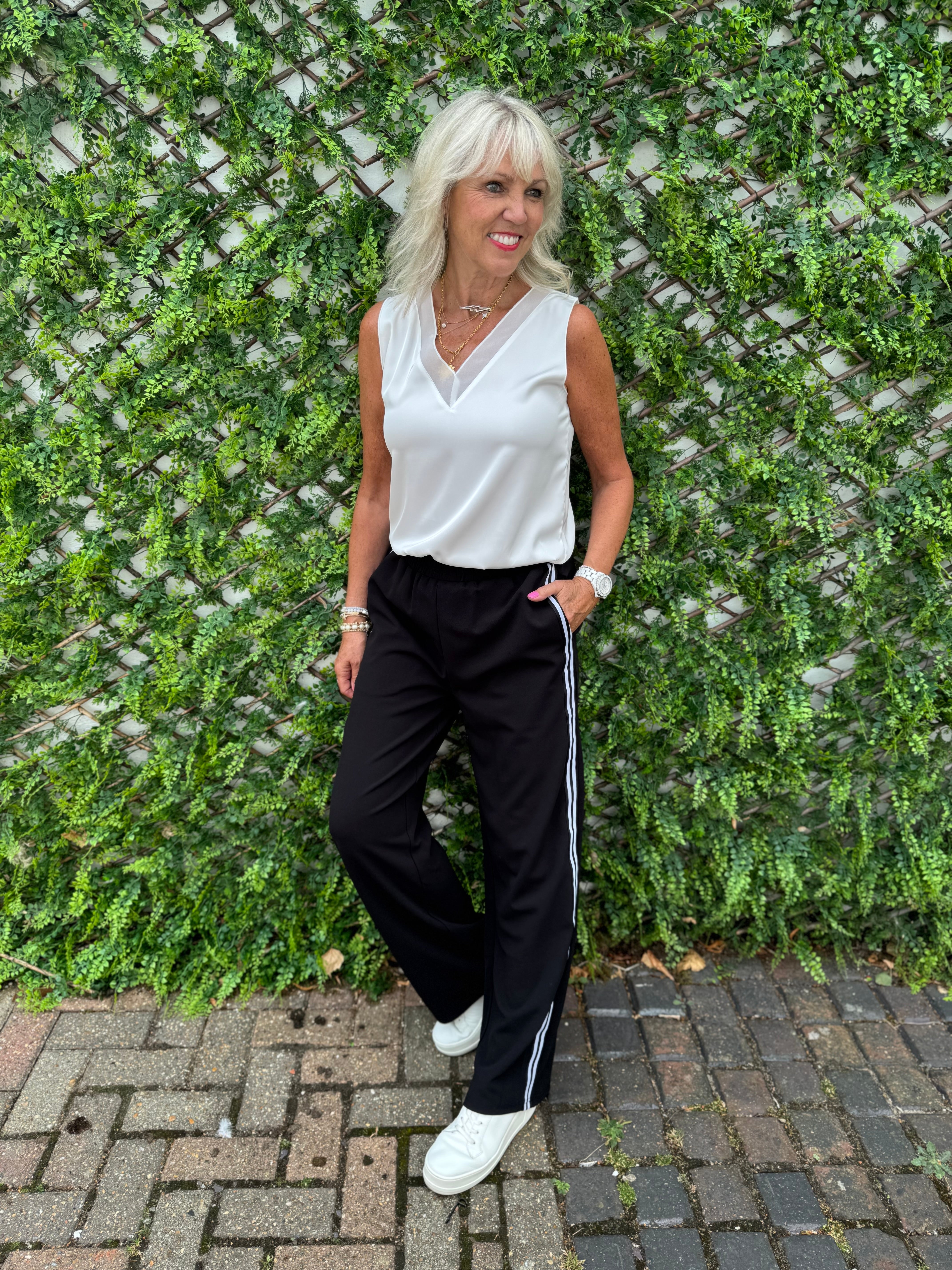 Wide Leg Crepe Trousers in Black with White Stripe