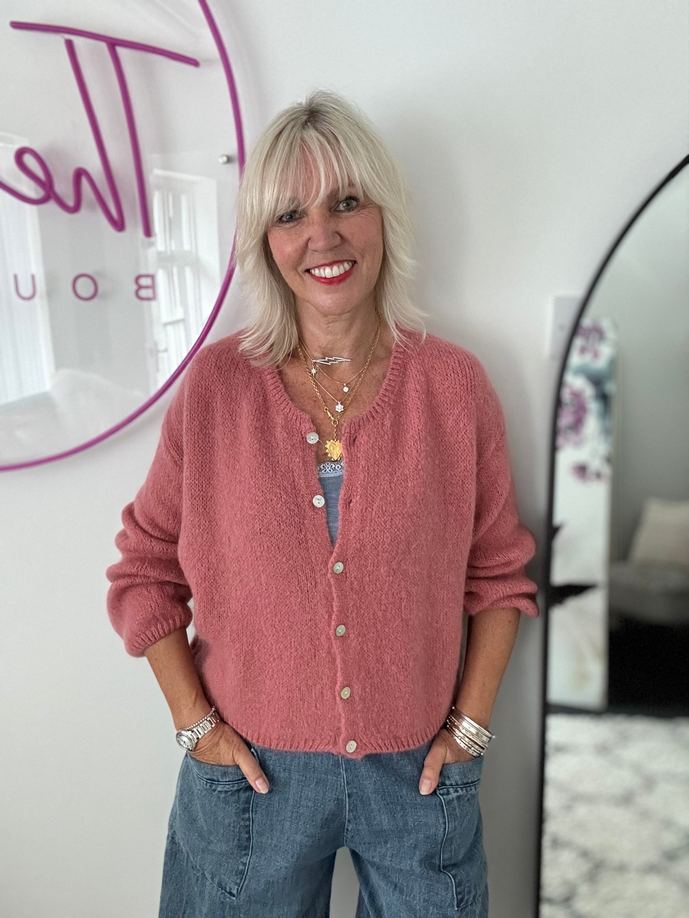 Mohair Buttoned Cardi in Blush Pink