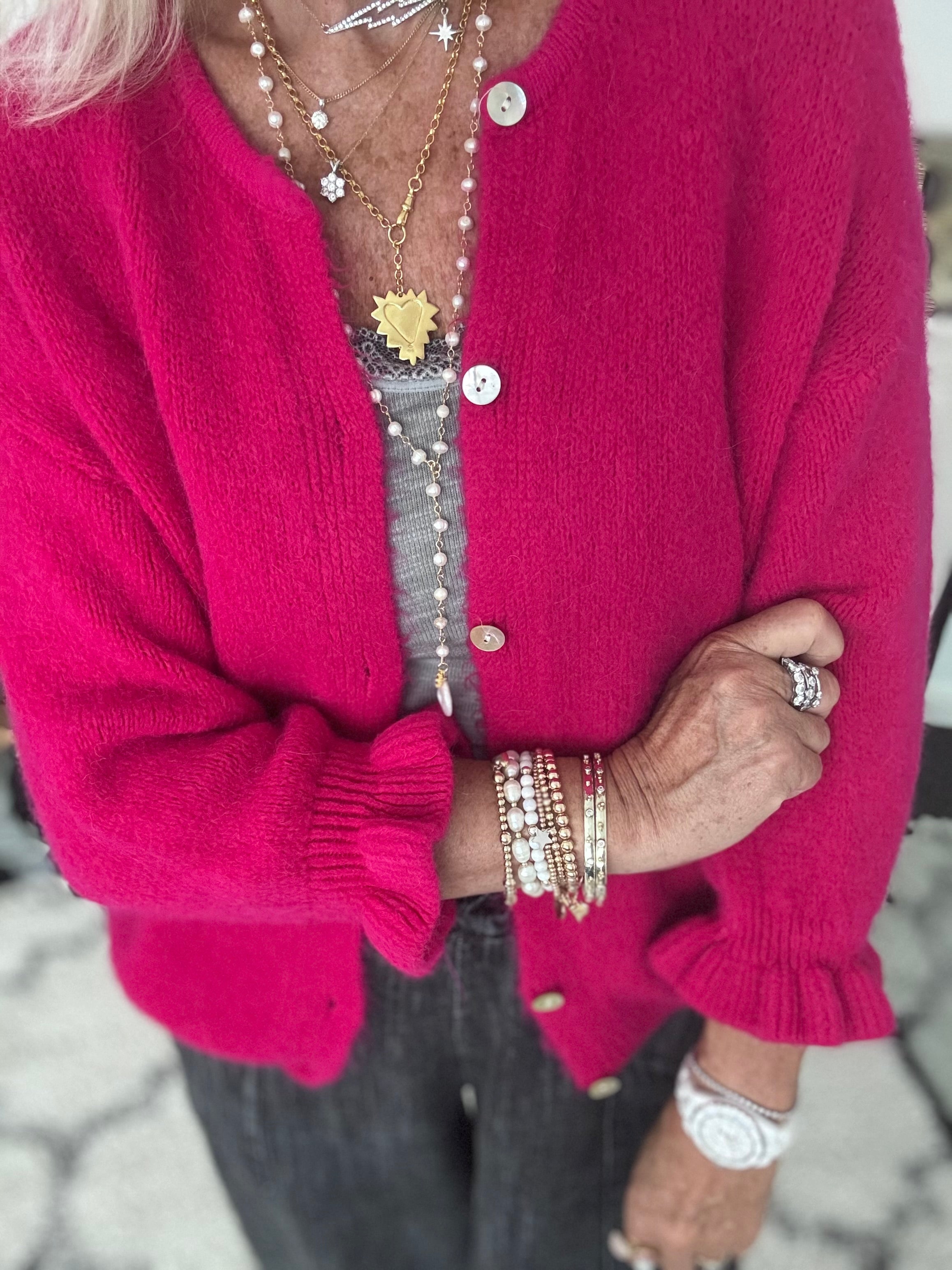 Alpaca Cardi with Frill Cuffs in Raspberry