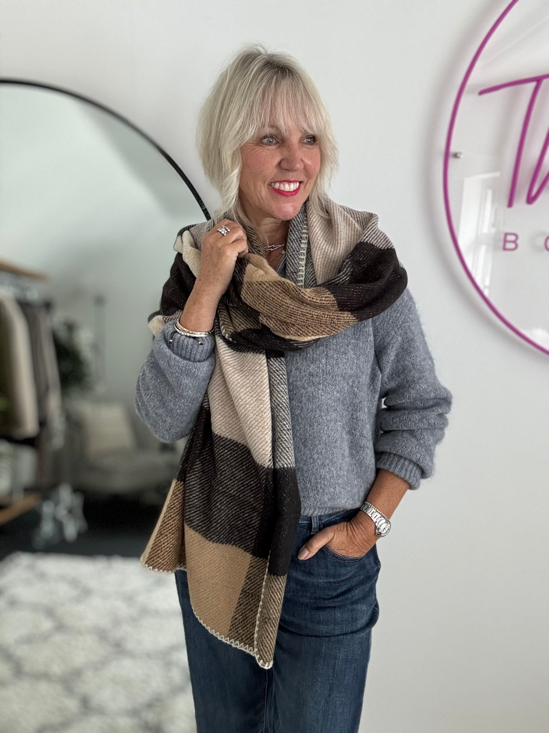 Super Soft Check Scarf in Cocoa & Tan