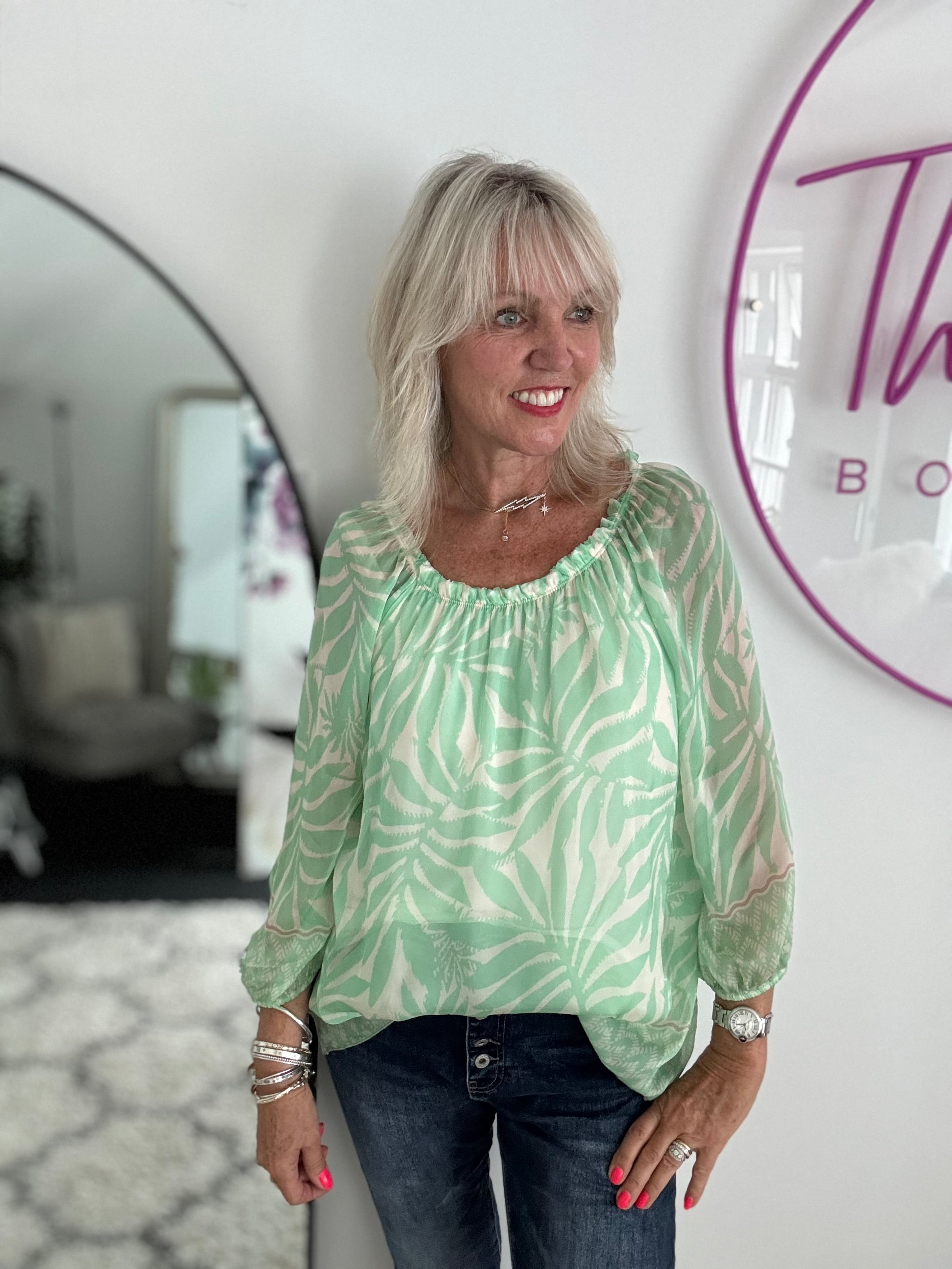 Silk Top in Mint & Ivory