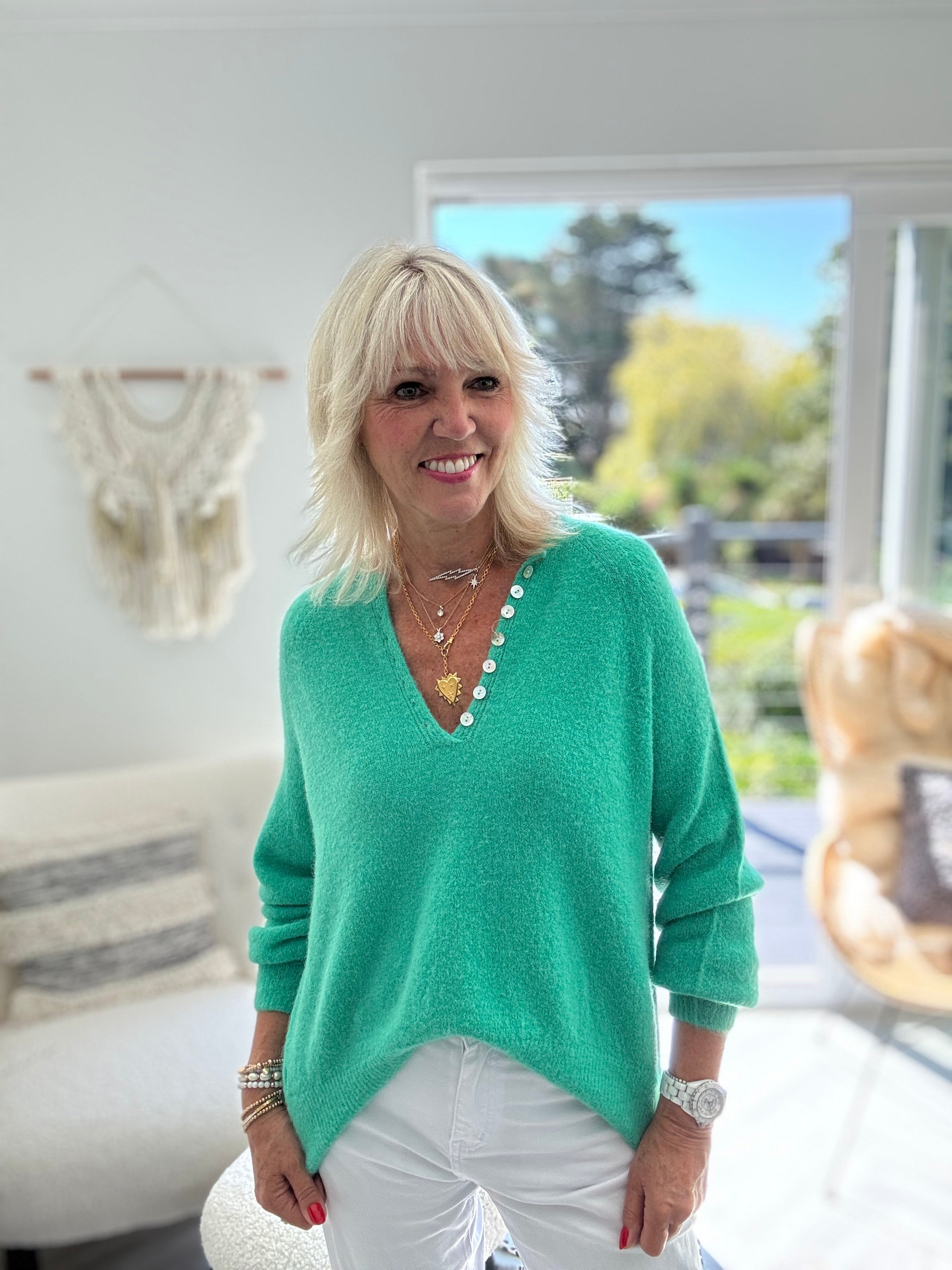 Softie Jumper with Button Neck in Emerald Green