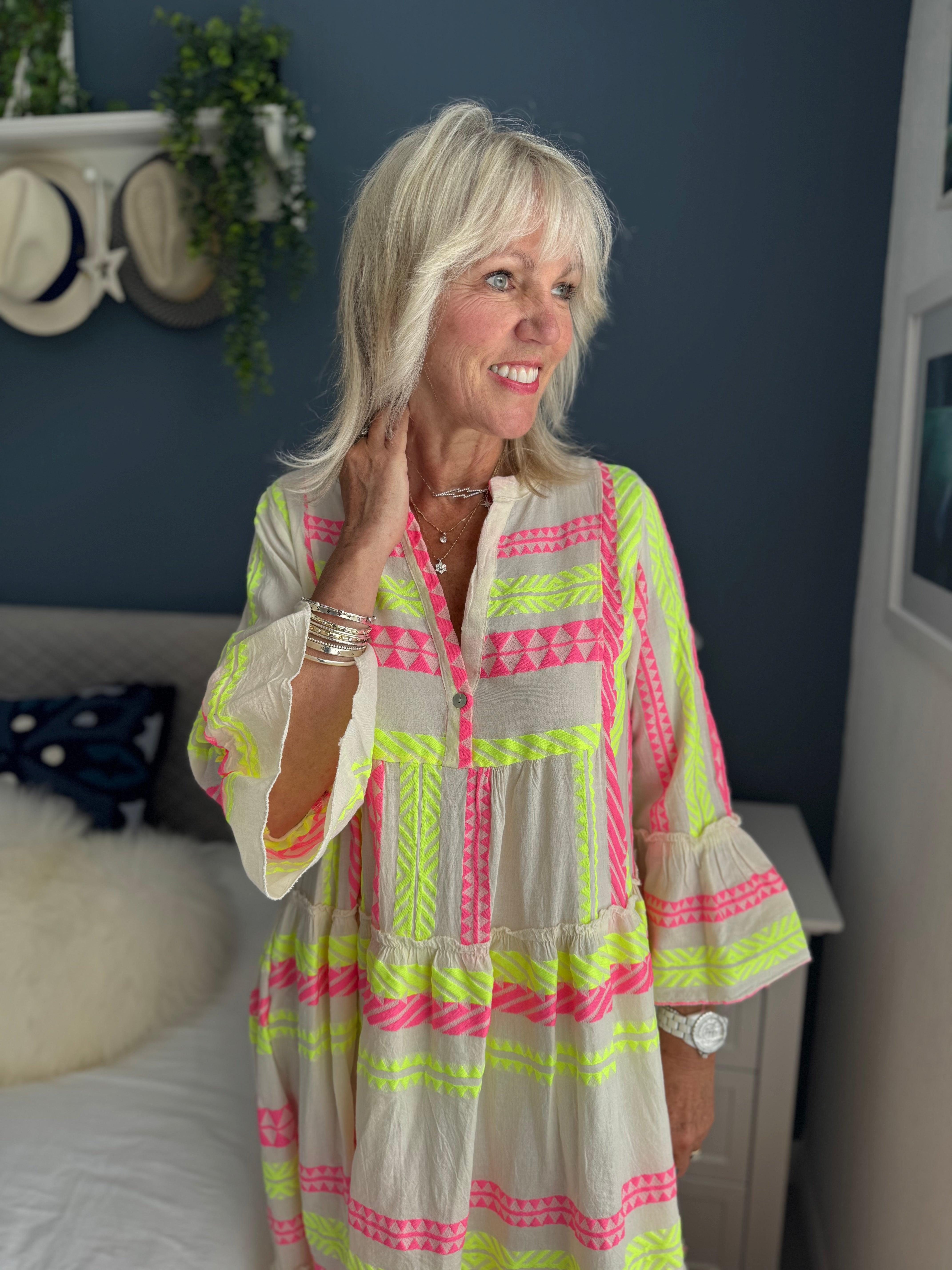 Embroidered Midi Dress in Pink & Neon
