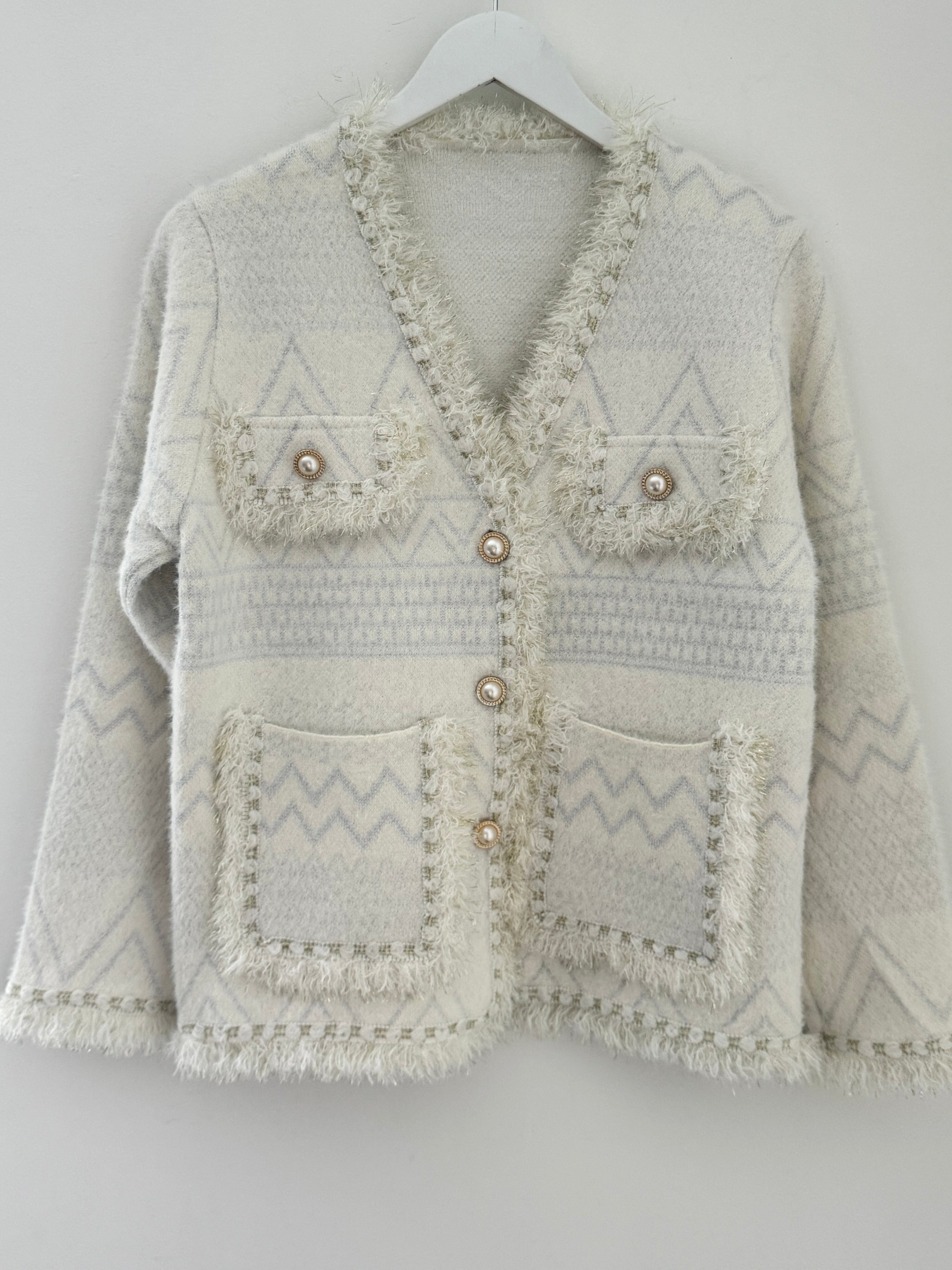 Pearl Button & Tweed Cardi Jacket in Ivory