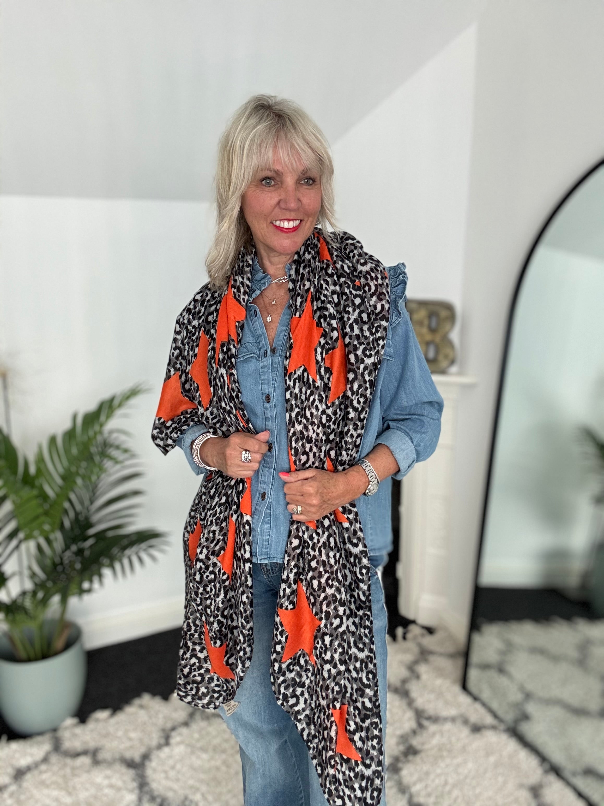 Leopard Scarf with Orange Stars