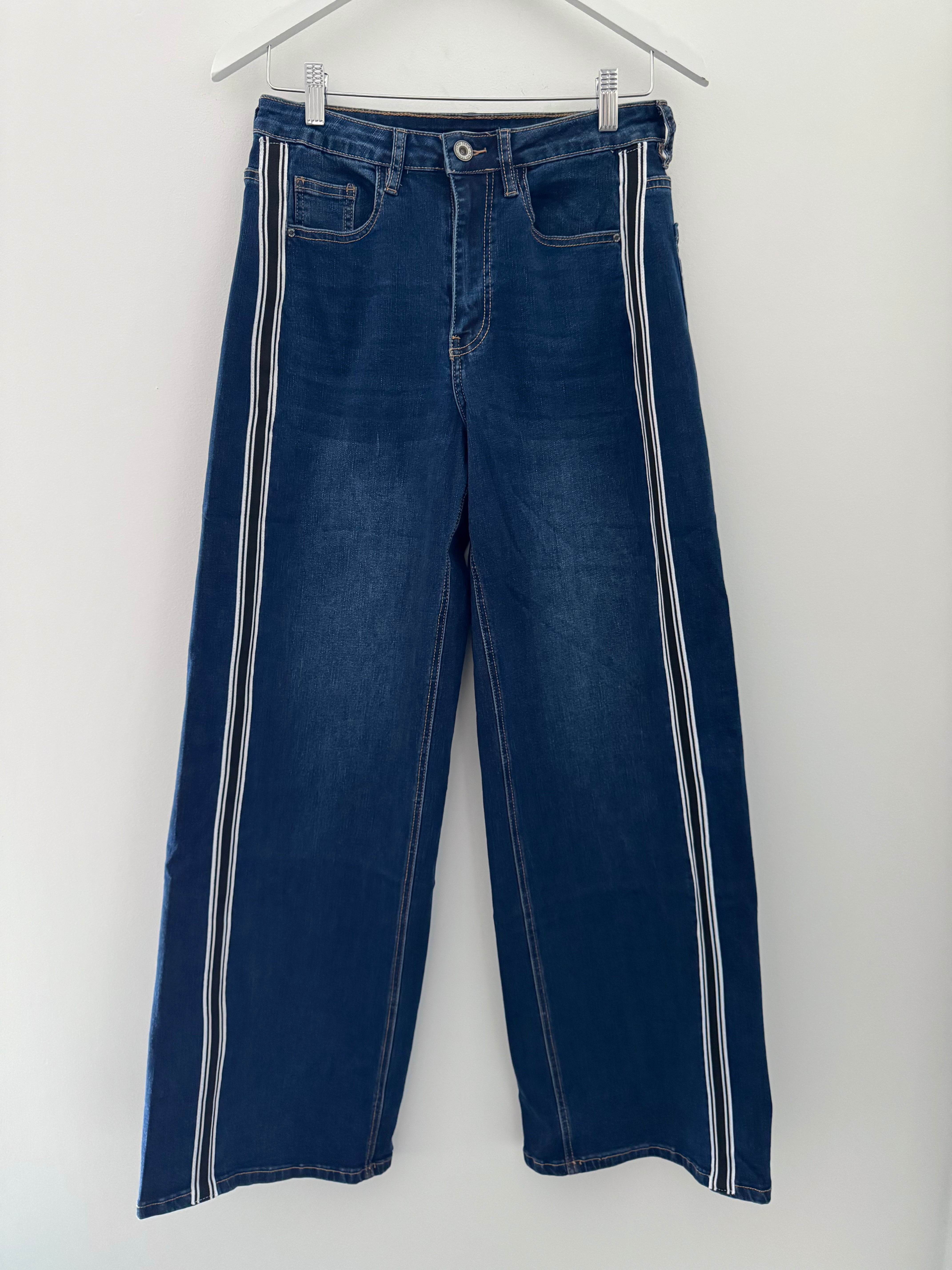 Stretch Flared Jeans with Side Stripes in Dark Denim