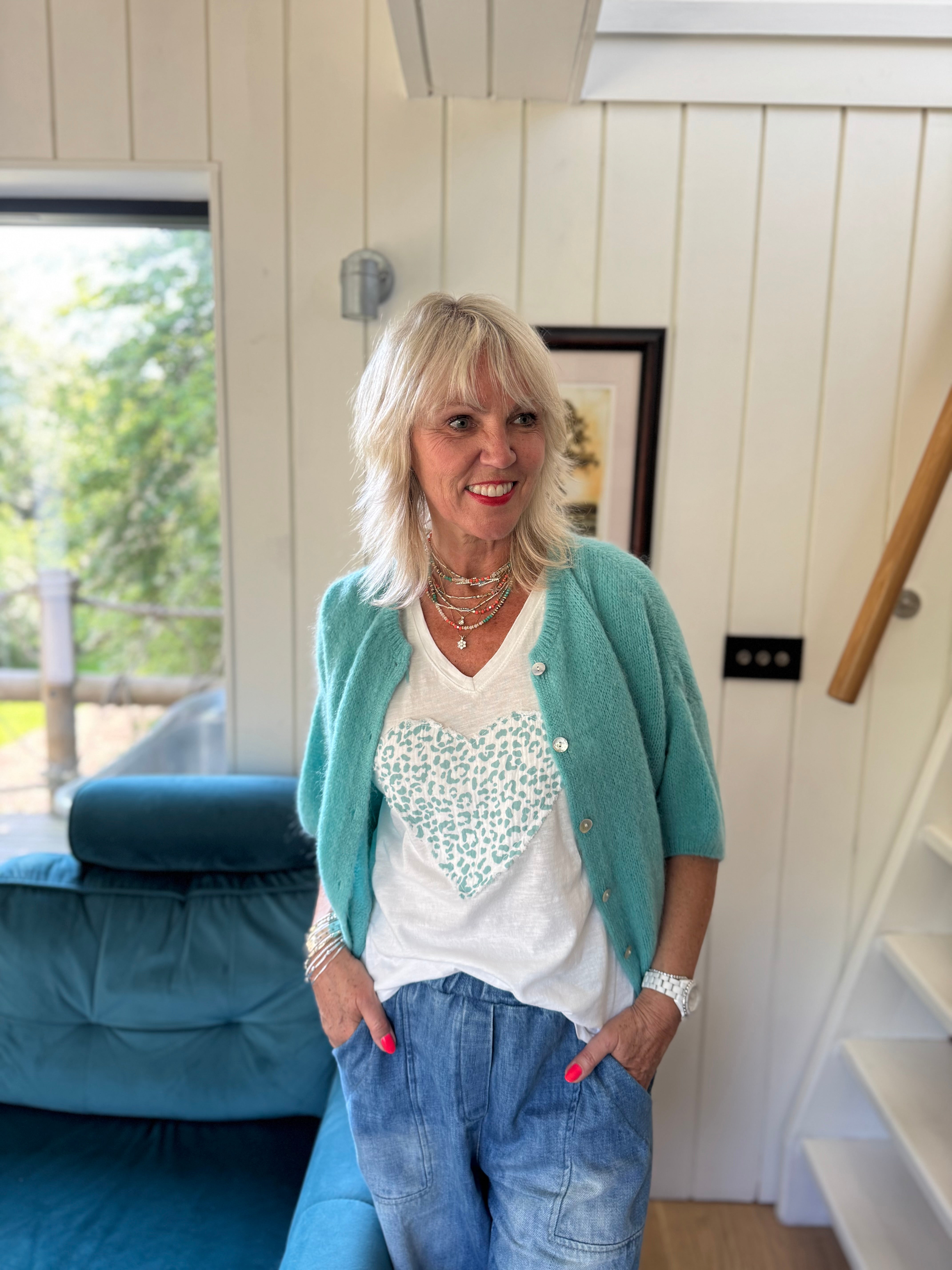Cropped Sleeve Buttoned Cardi in Sea Green