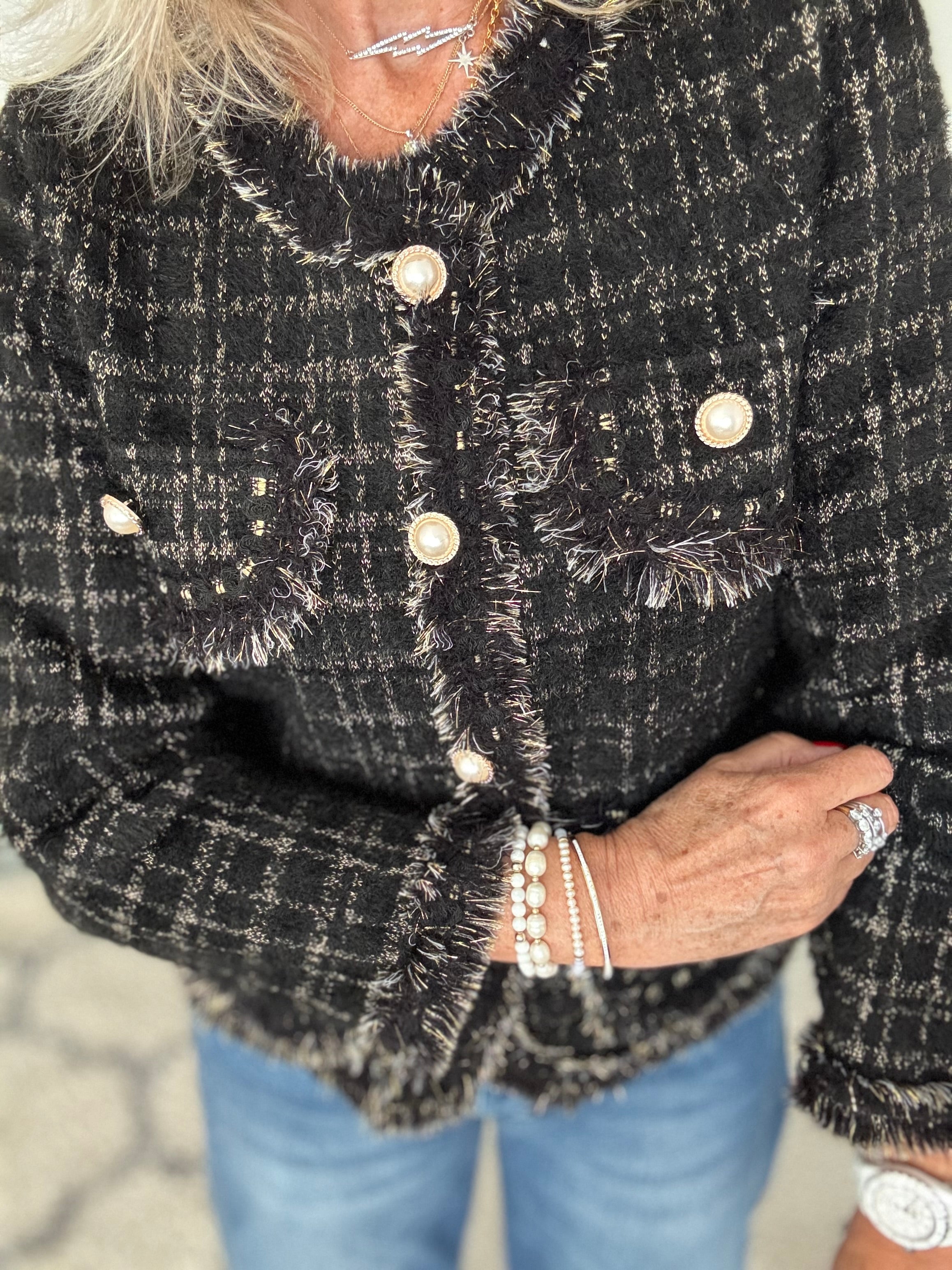 Pearl Button & Tweed Cardi Jacket in Black
