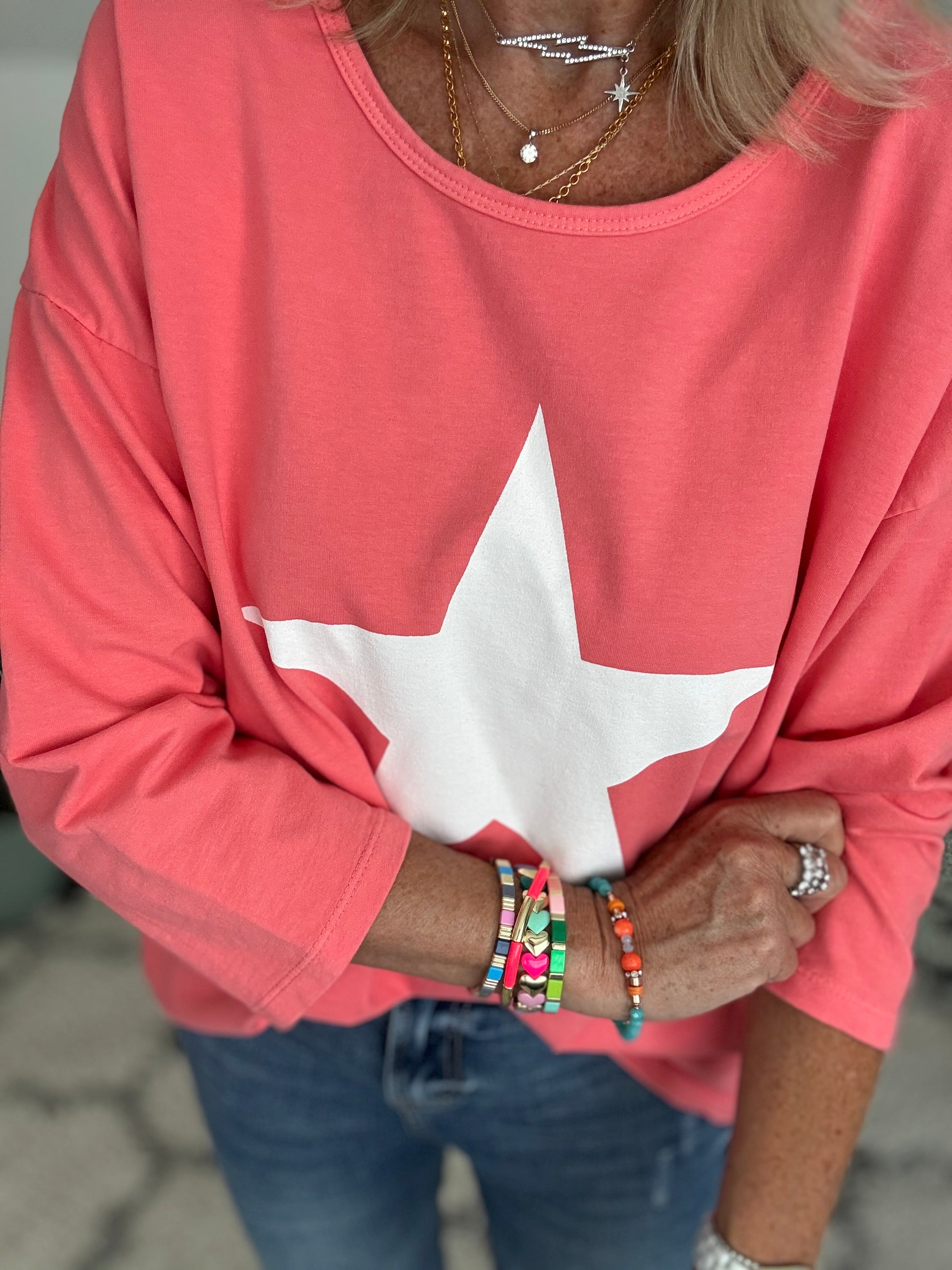 Scoop Neck Cotton Star Top in Coral