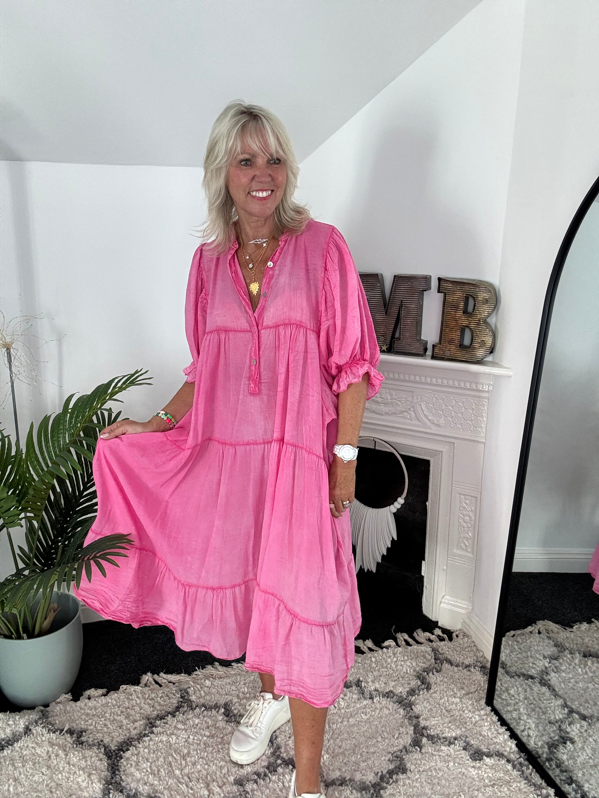 Oversized Cotton Tiered Dress in Vintage Pink
