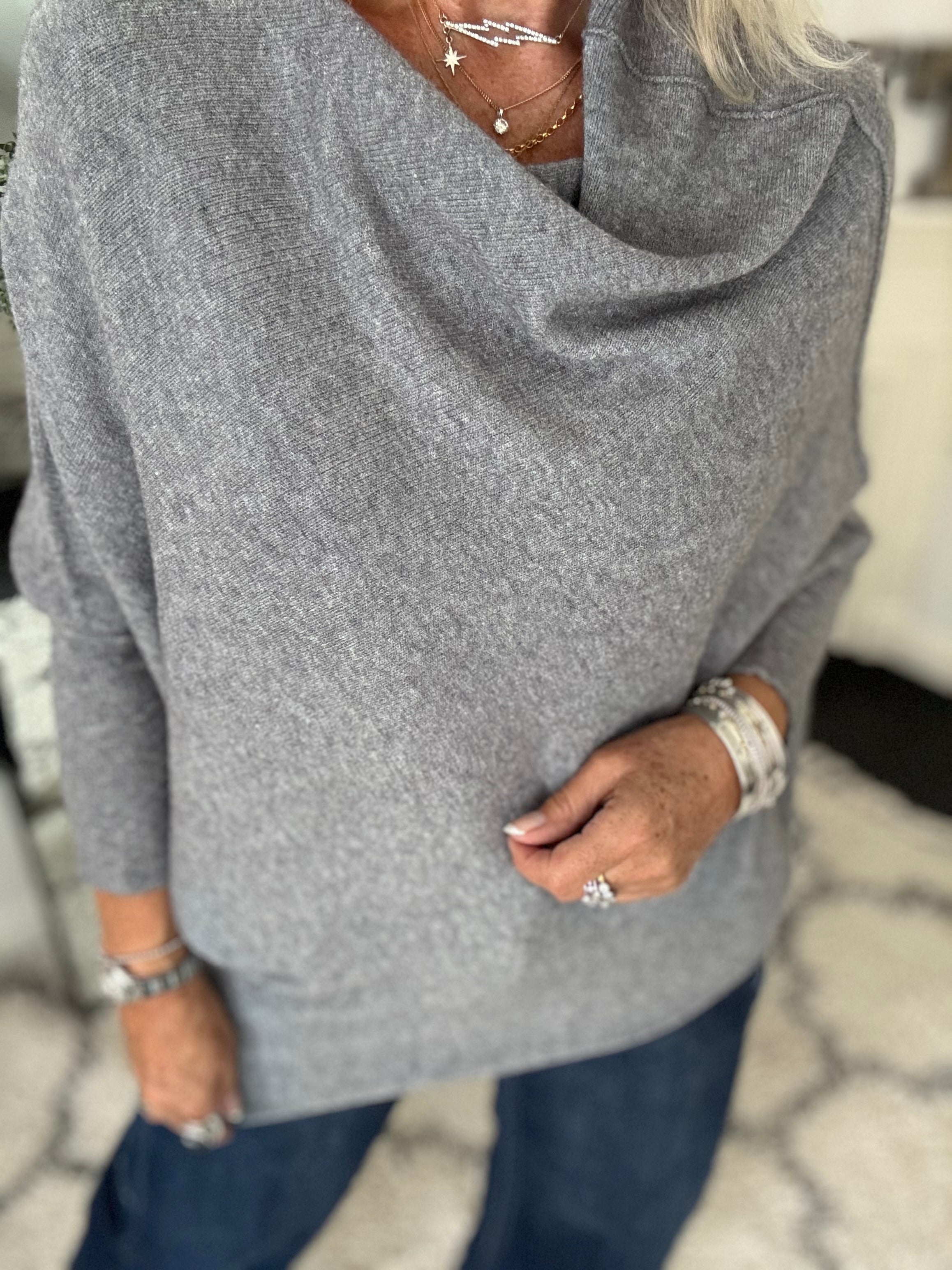Cowl Neck Asymmetric Jumper in Charcoal Grey