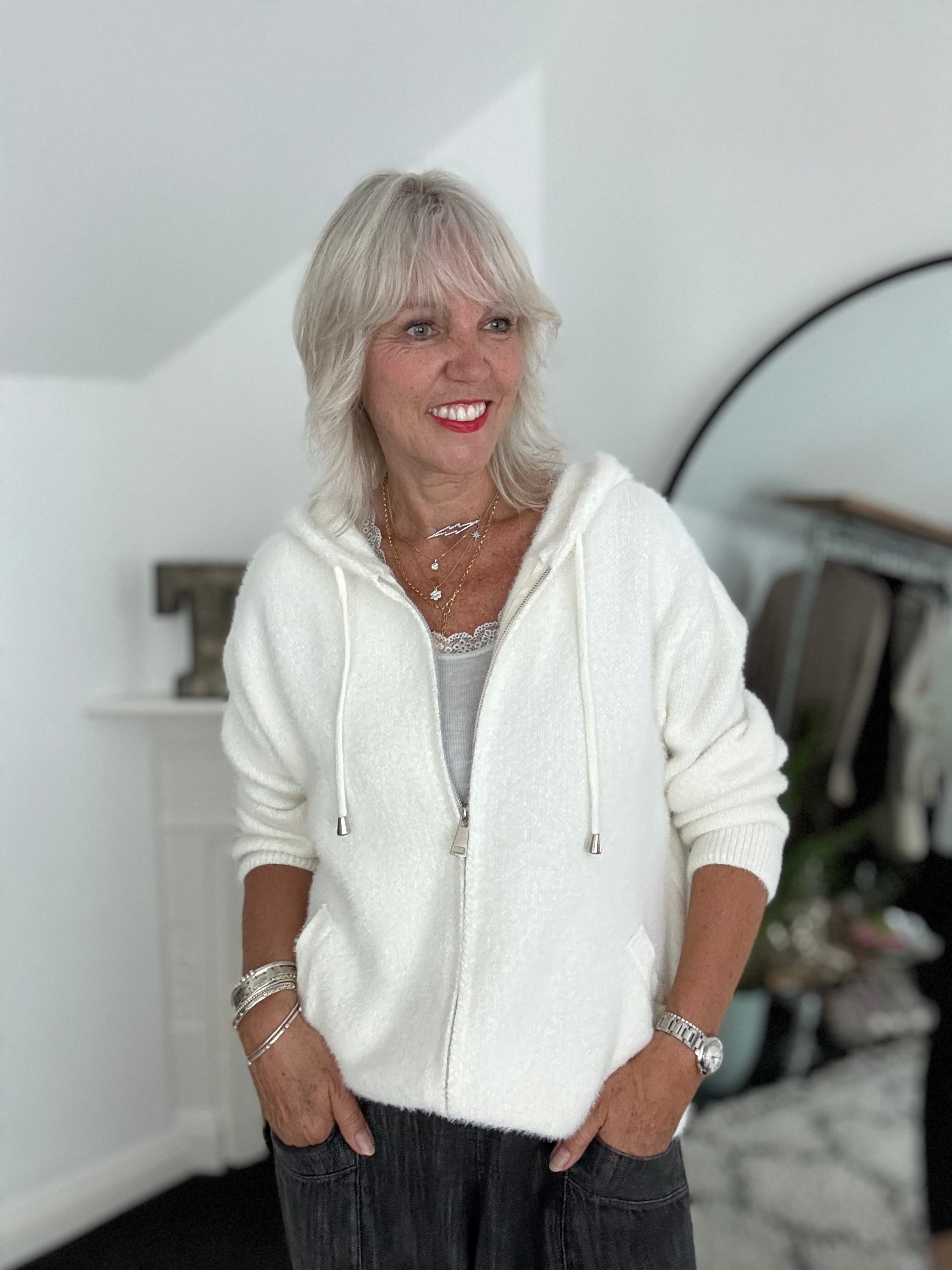 Soft Hooded Knit with Pockets in Ivory
