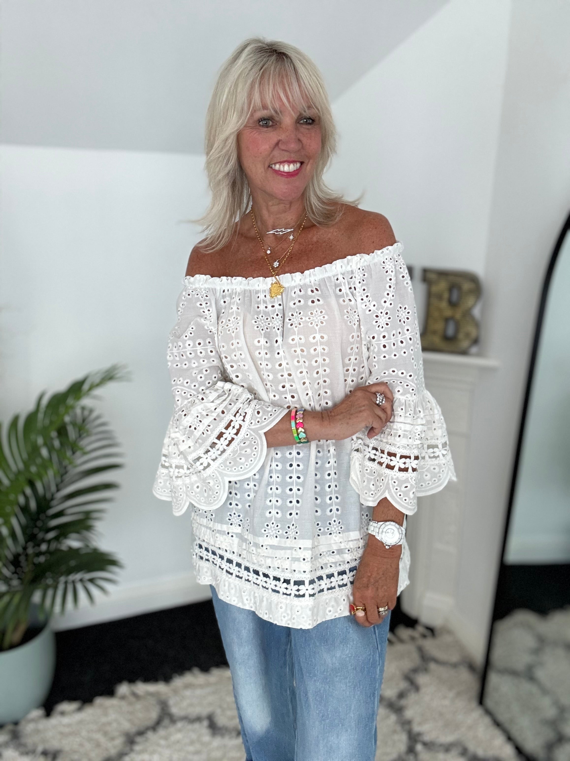 Designer Broderie Anglaise Top in Ivory