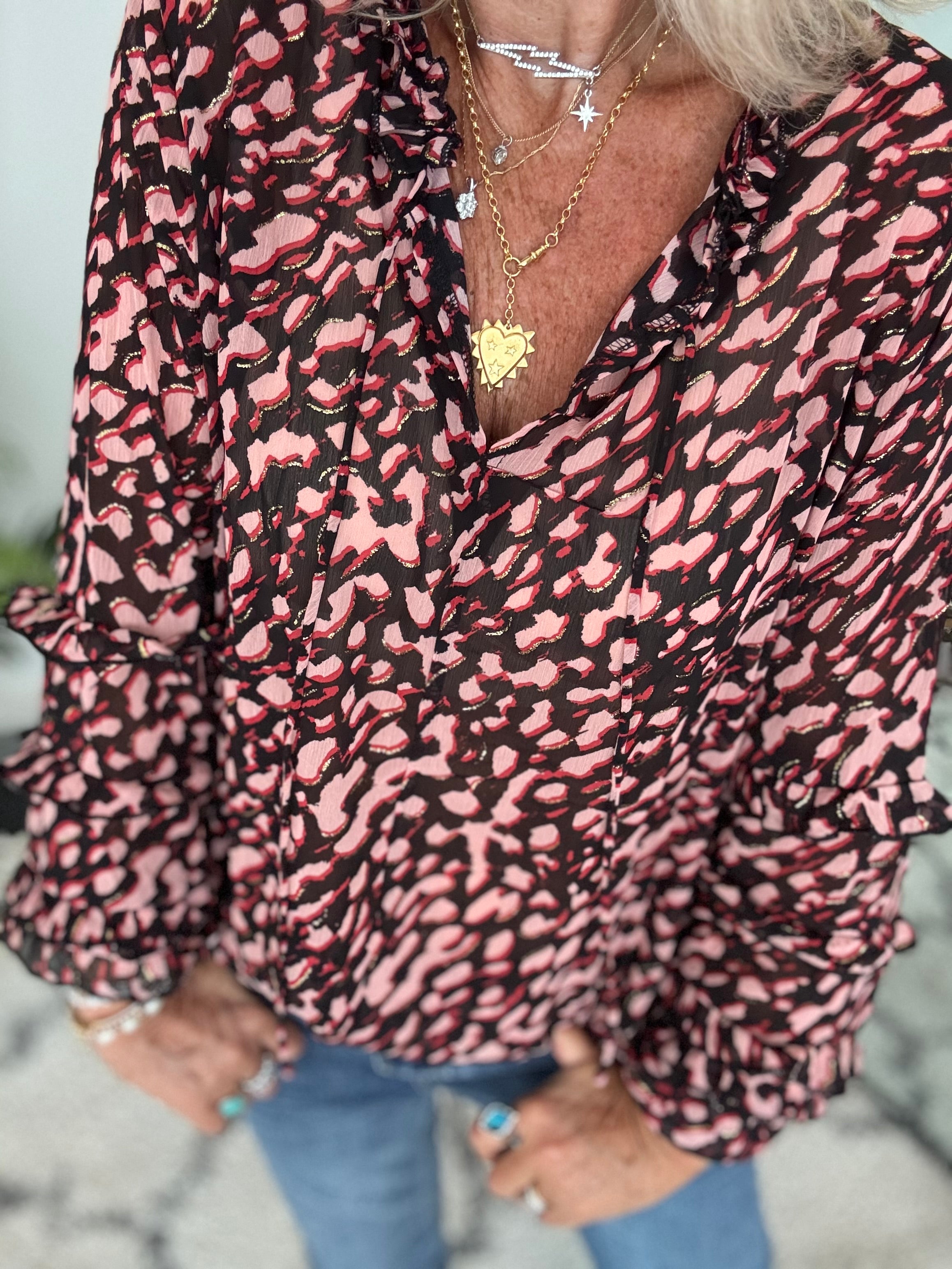 Chiffon Print Blouse in Pink & Black