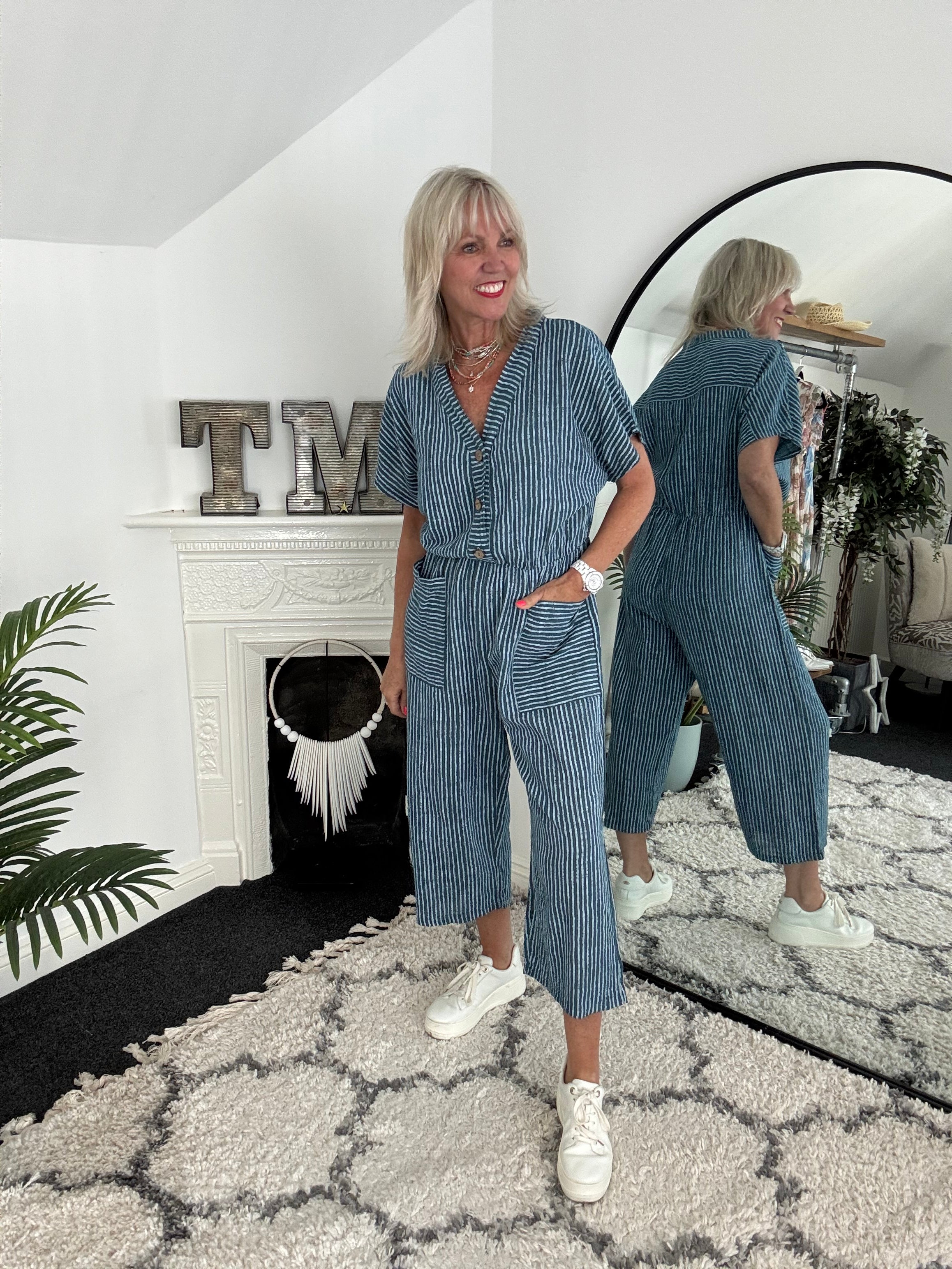 Cotton Stripe Jumpsuit in Petrol Blue