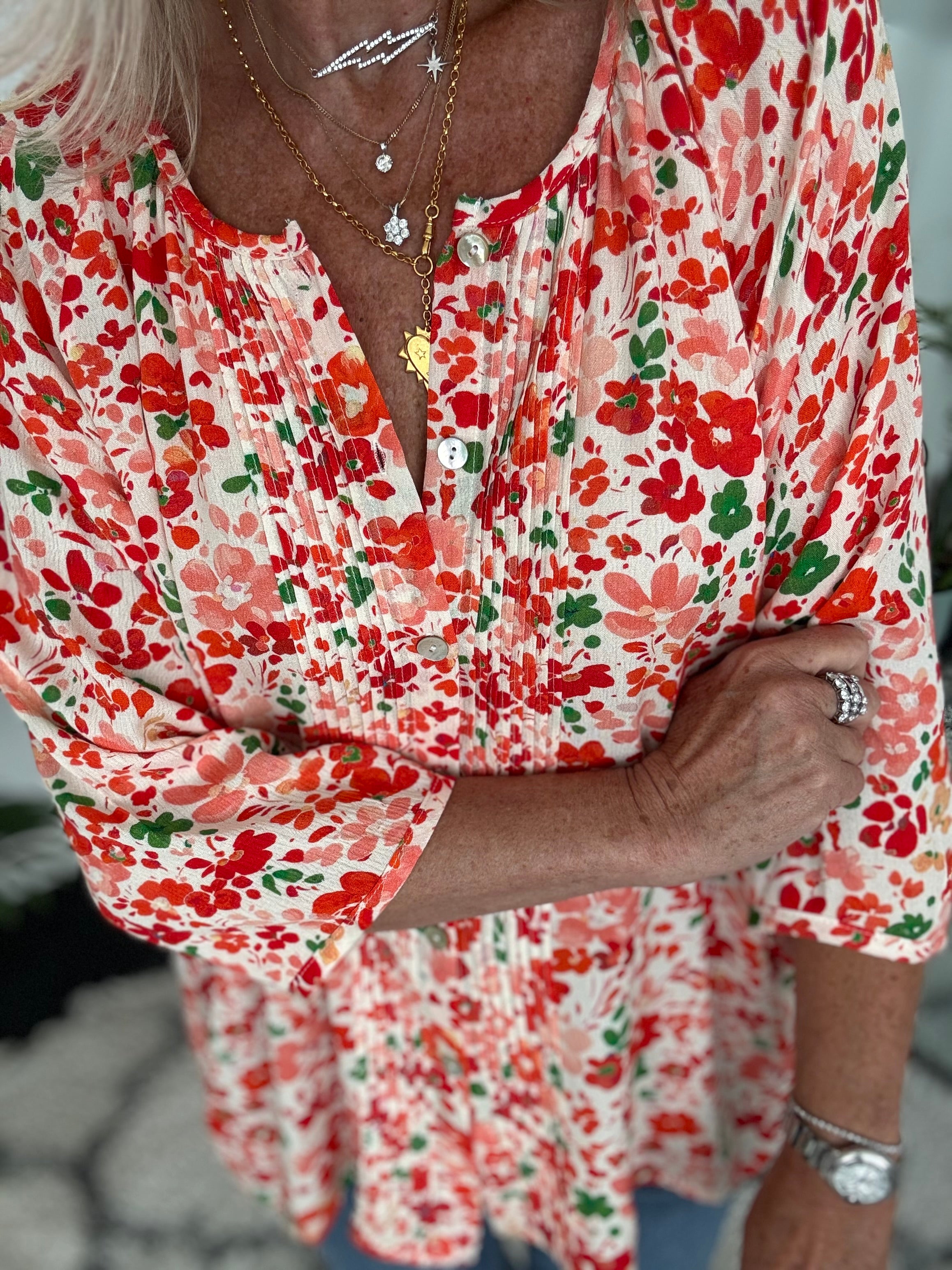 Pintuck Ditsy Blouse in Orange & Red