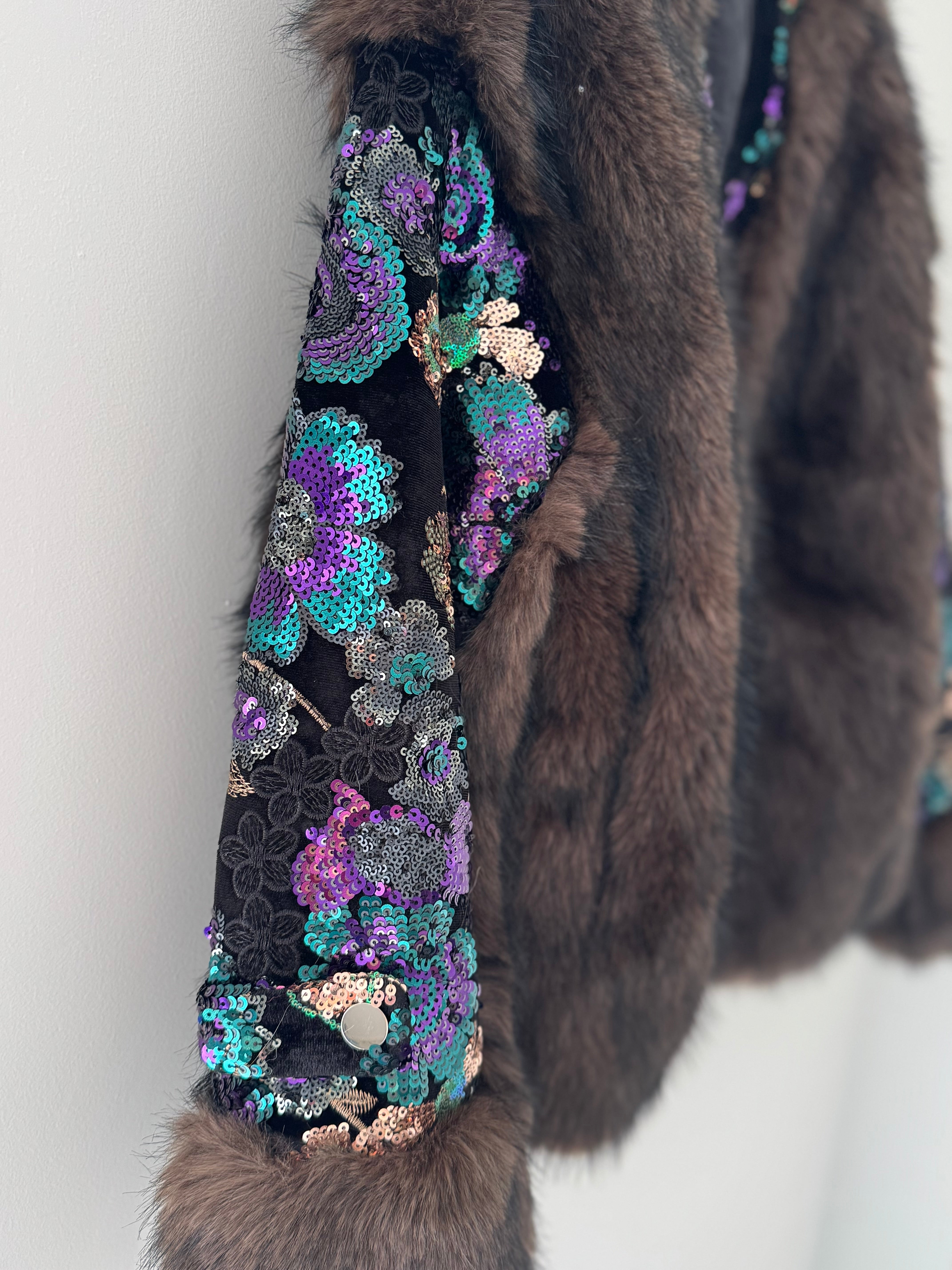 Faux Fur Jacket with Sequin Sleeves