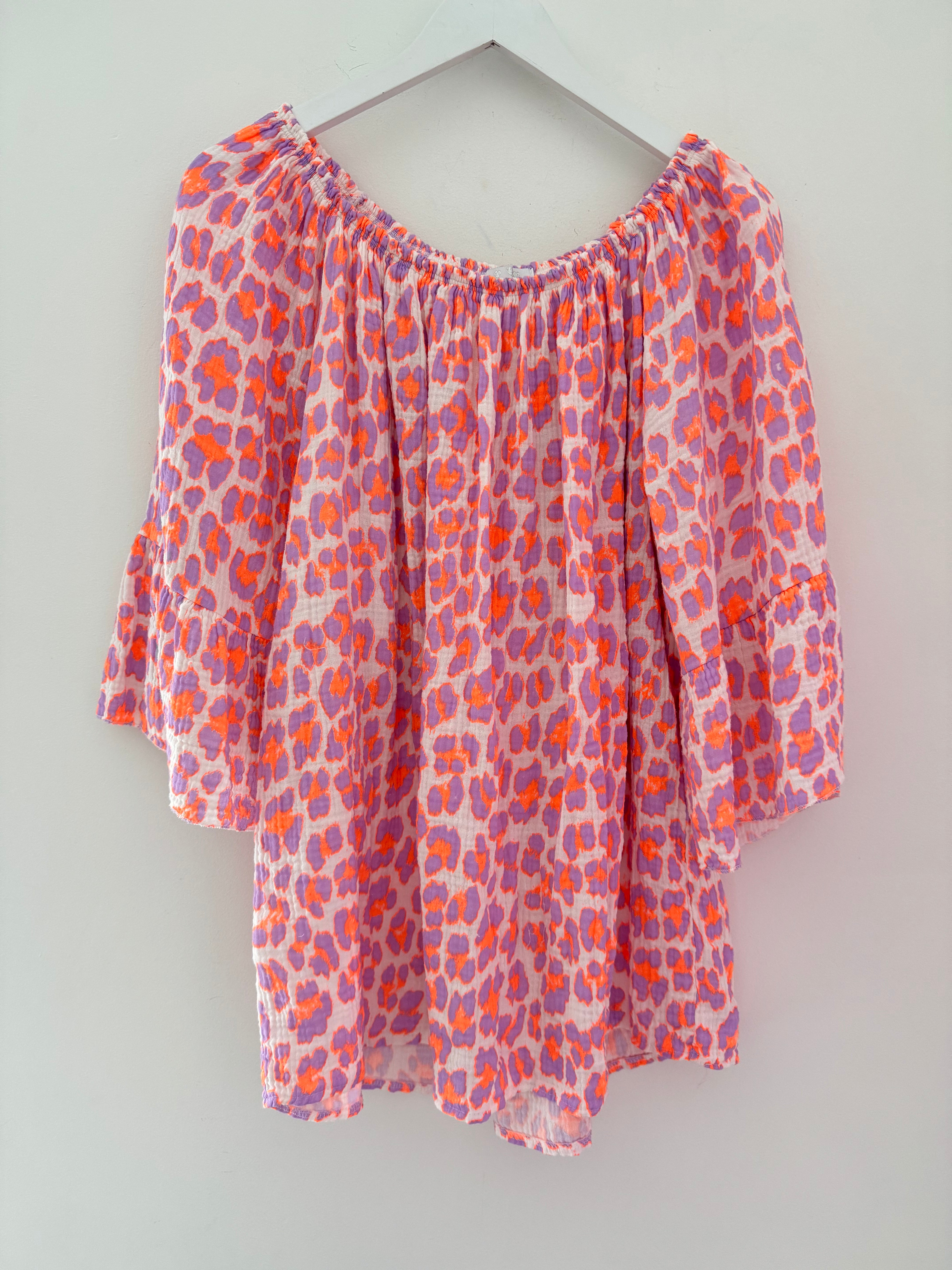 Cheesecloth Bardot Top in Lilac & Orange Leopard