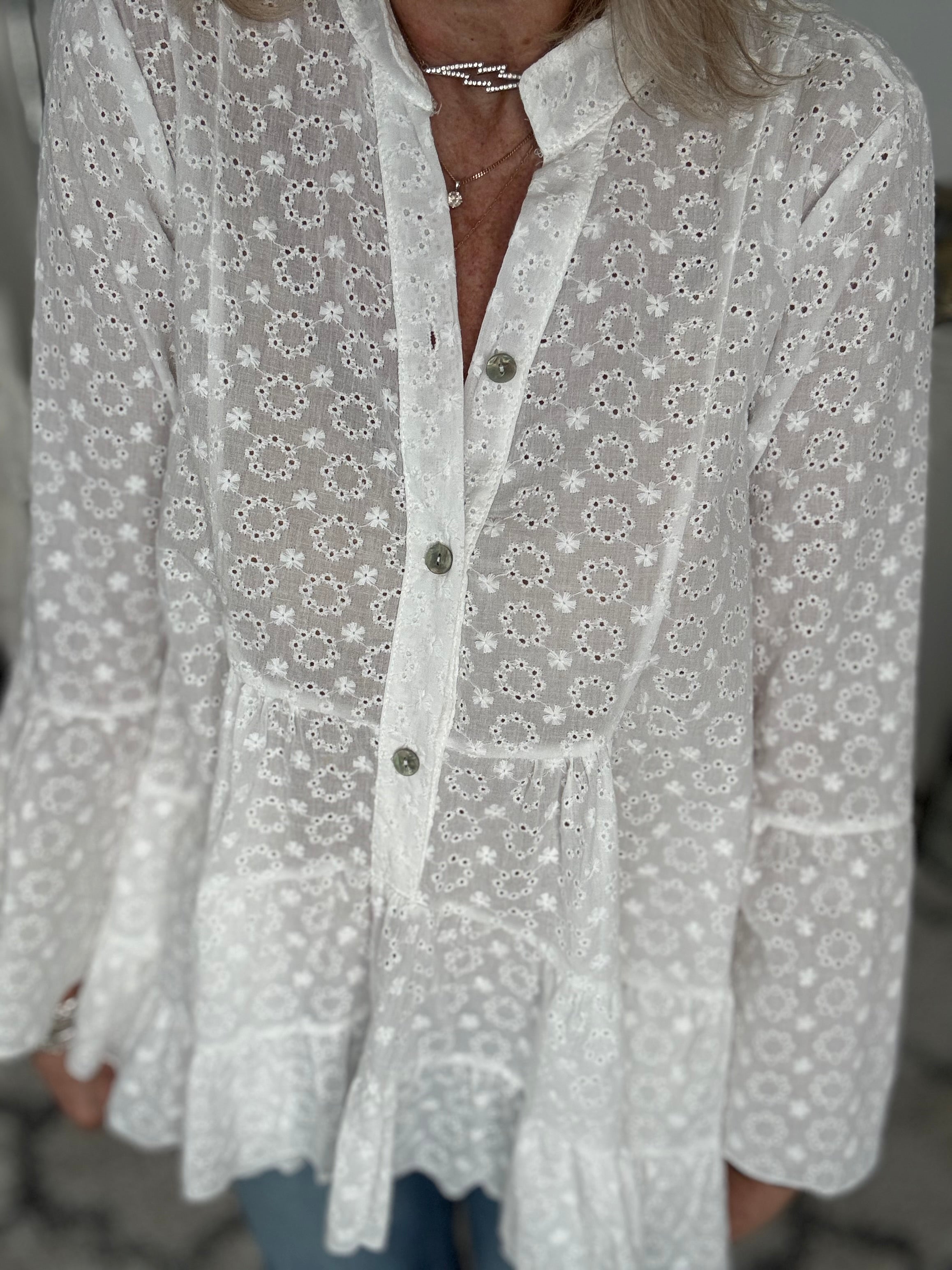 Tiered Broderie Anglaise Blouse in White