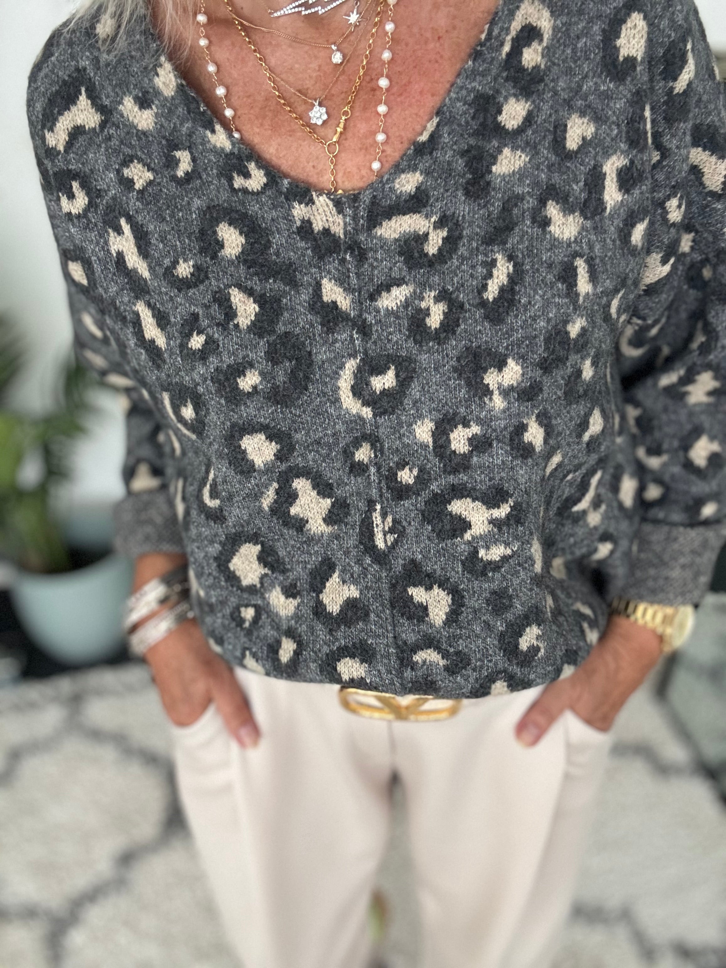 Seam Front V Neck Jumper in Grey Leopard