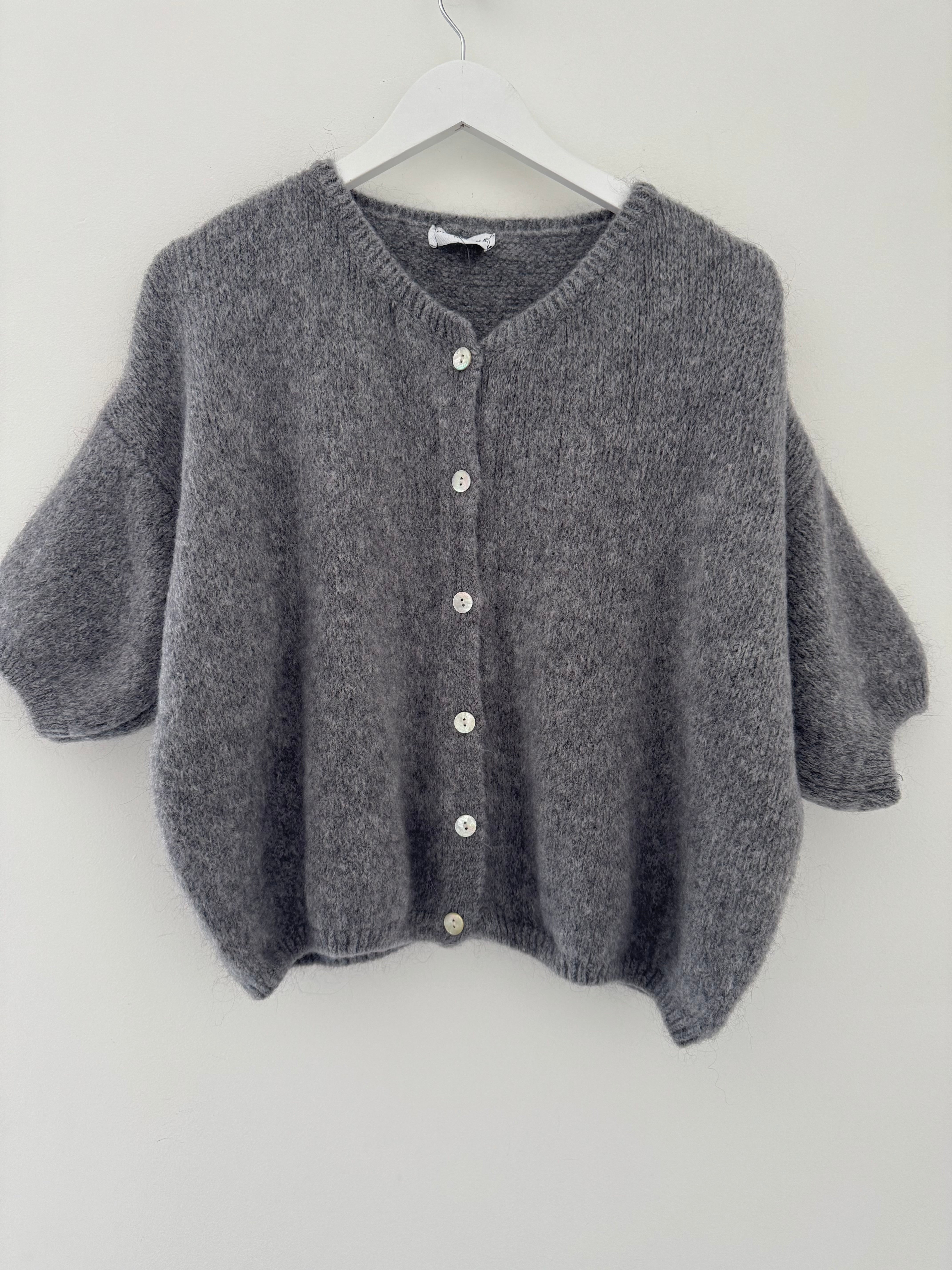 Cropped Sleeve Buttoned Cardi in Soft Charcoal