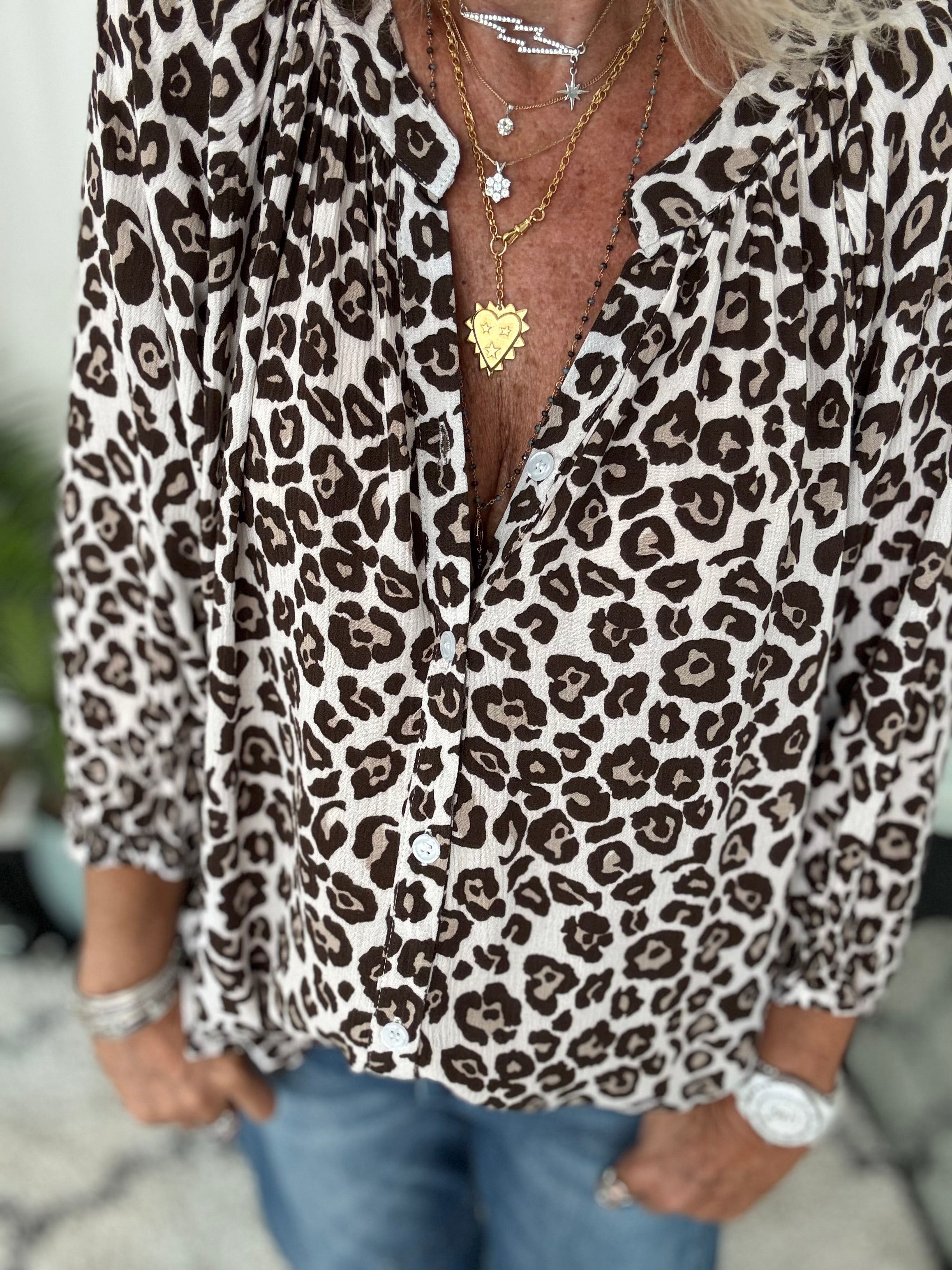 Leopard Print Blouse in Ivory & Brown