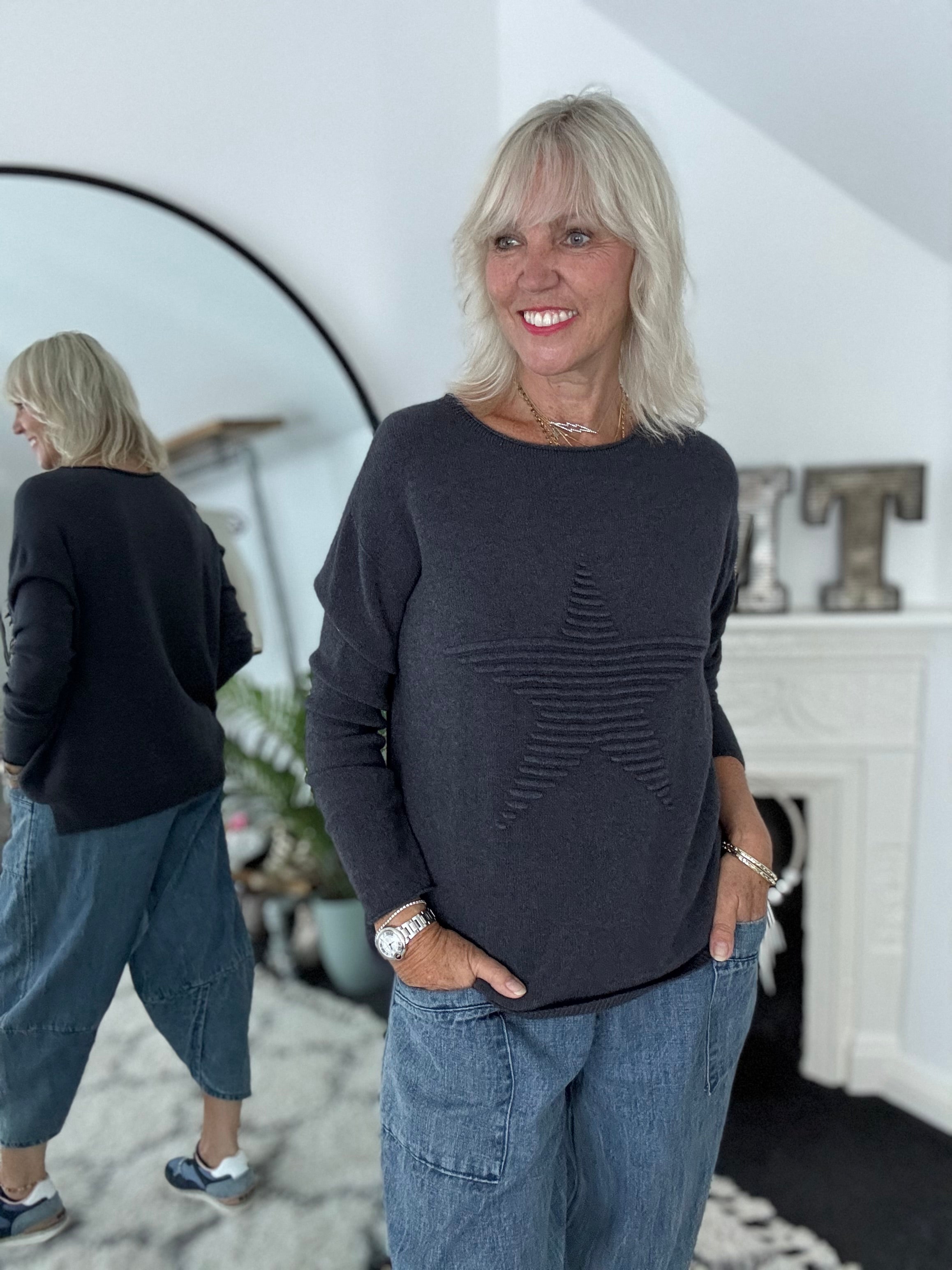 Ribbed Star Jumper in Charcoal