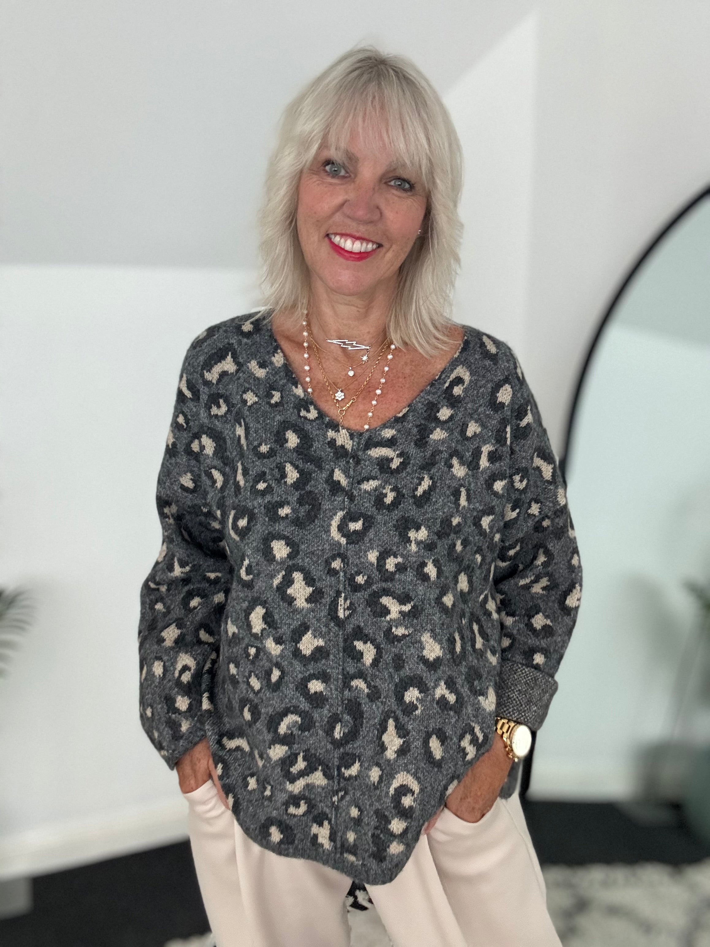 Seam Front V Neck Jumper in Grey Leopard