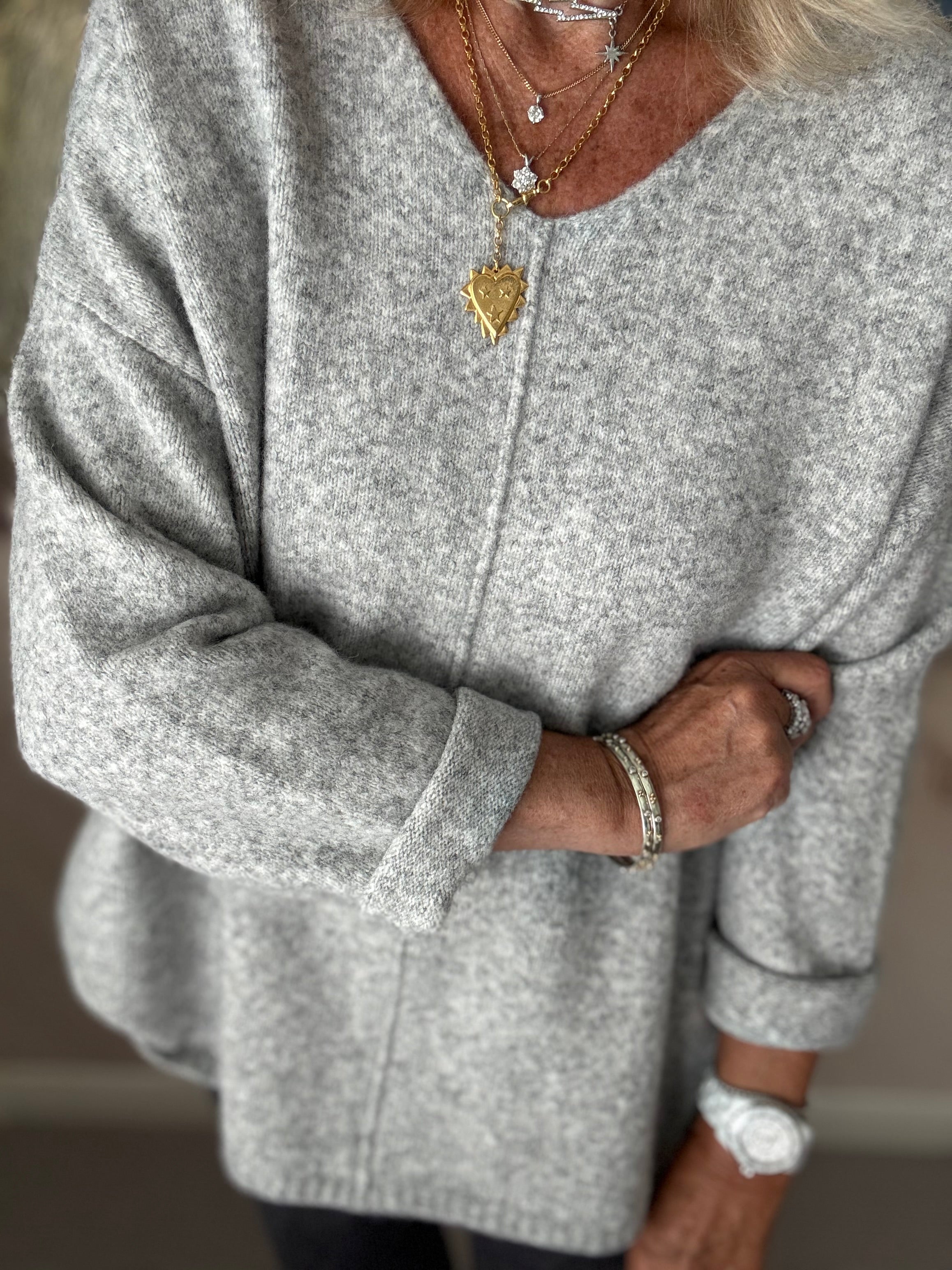 Seam Front V Neck Jumper in Marl Grey