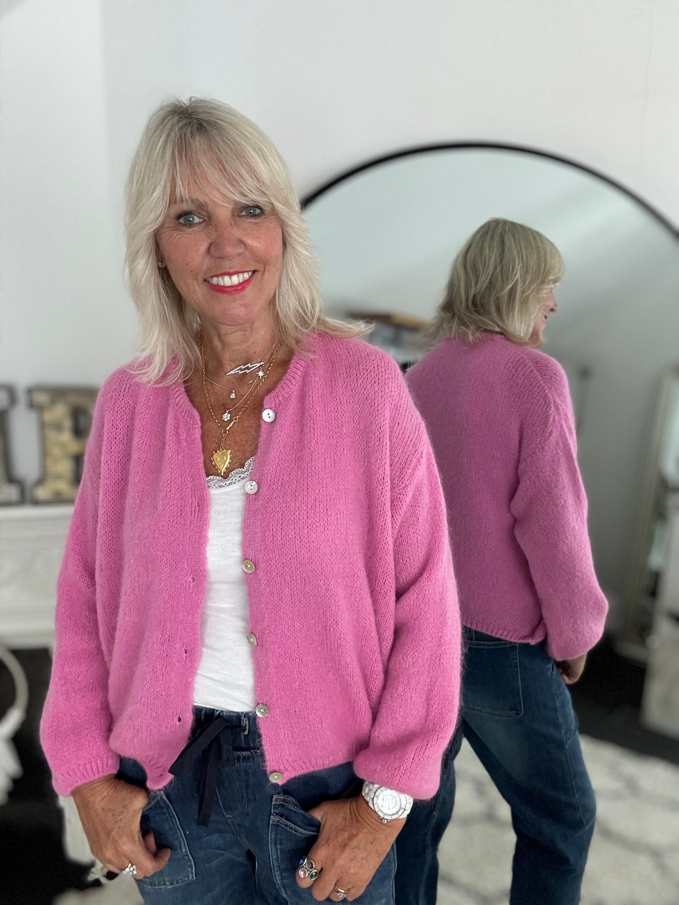 Mohair Buttoned Cardi in Candy Pink