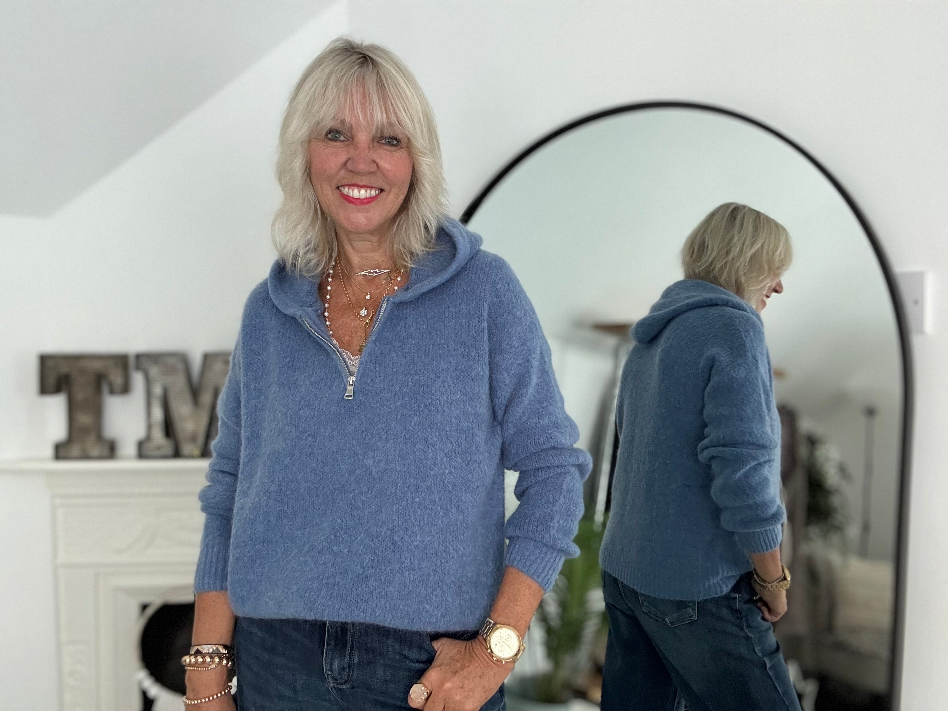 Hooded Mohair Jumper in Denim Blue