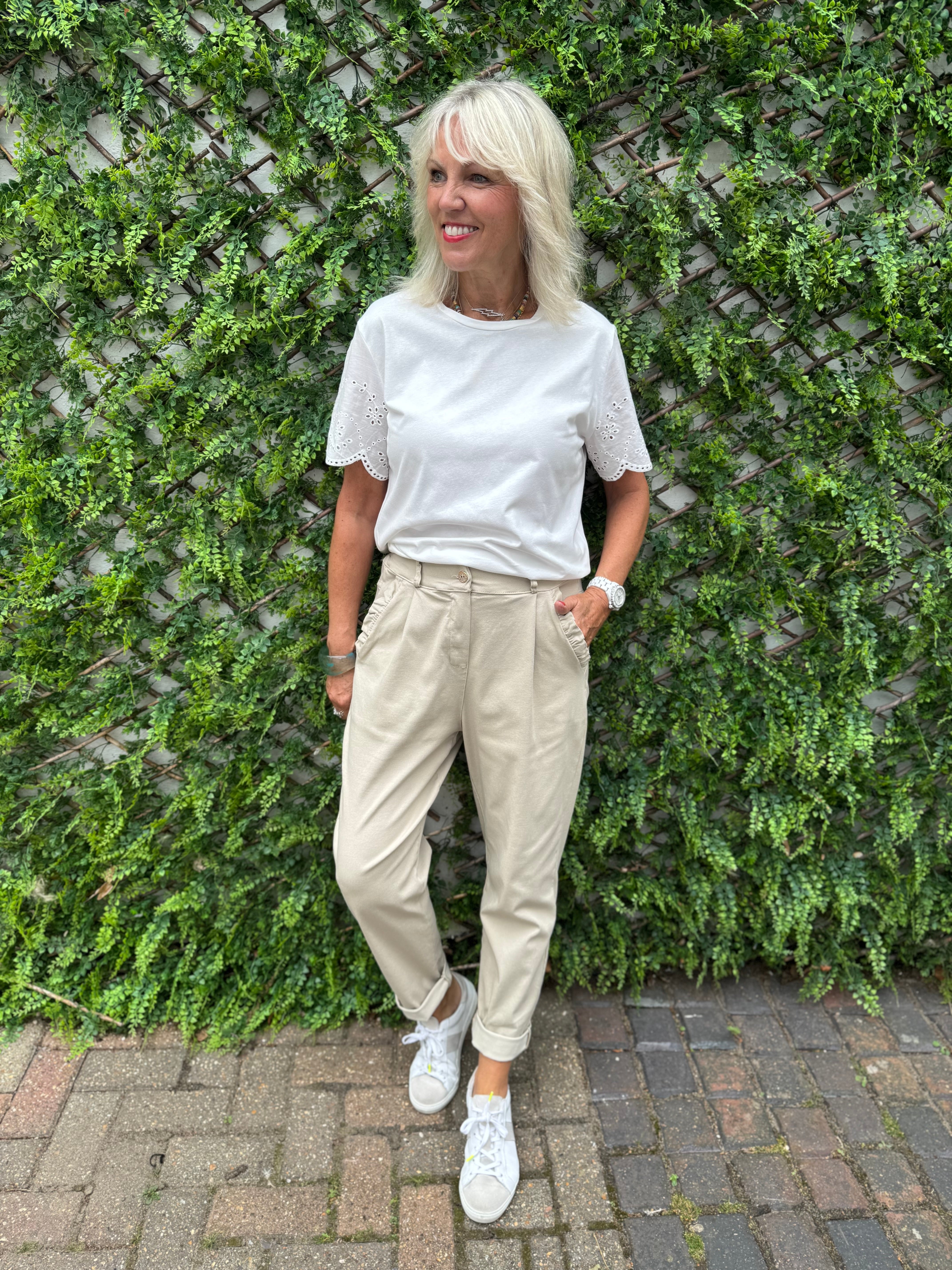 Luxe Stretch Trousers with Ruffle Pocket in Stone
