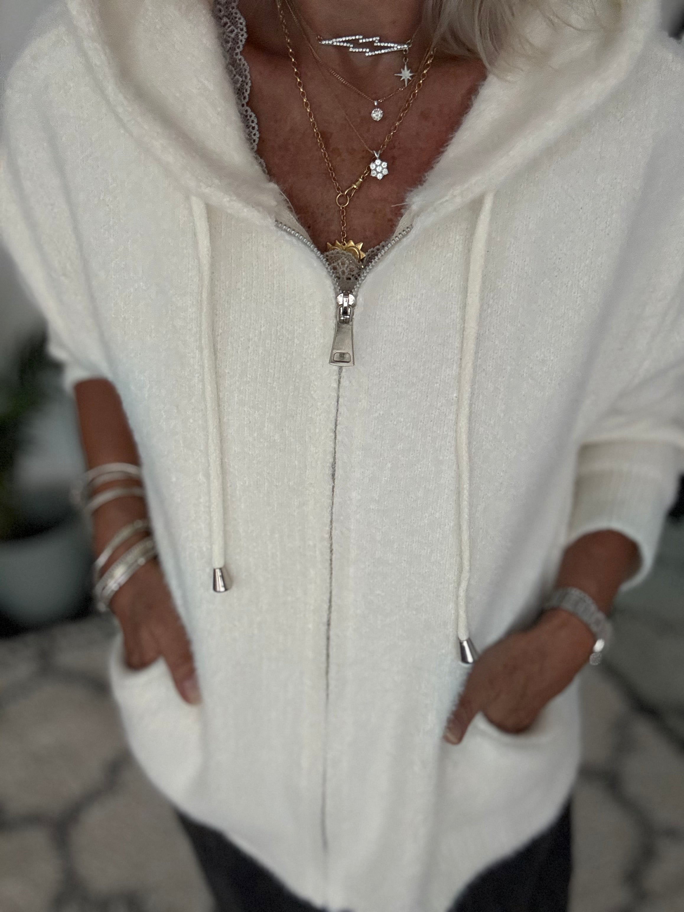 Soft Hooded Knit with Pockets in Ivory