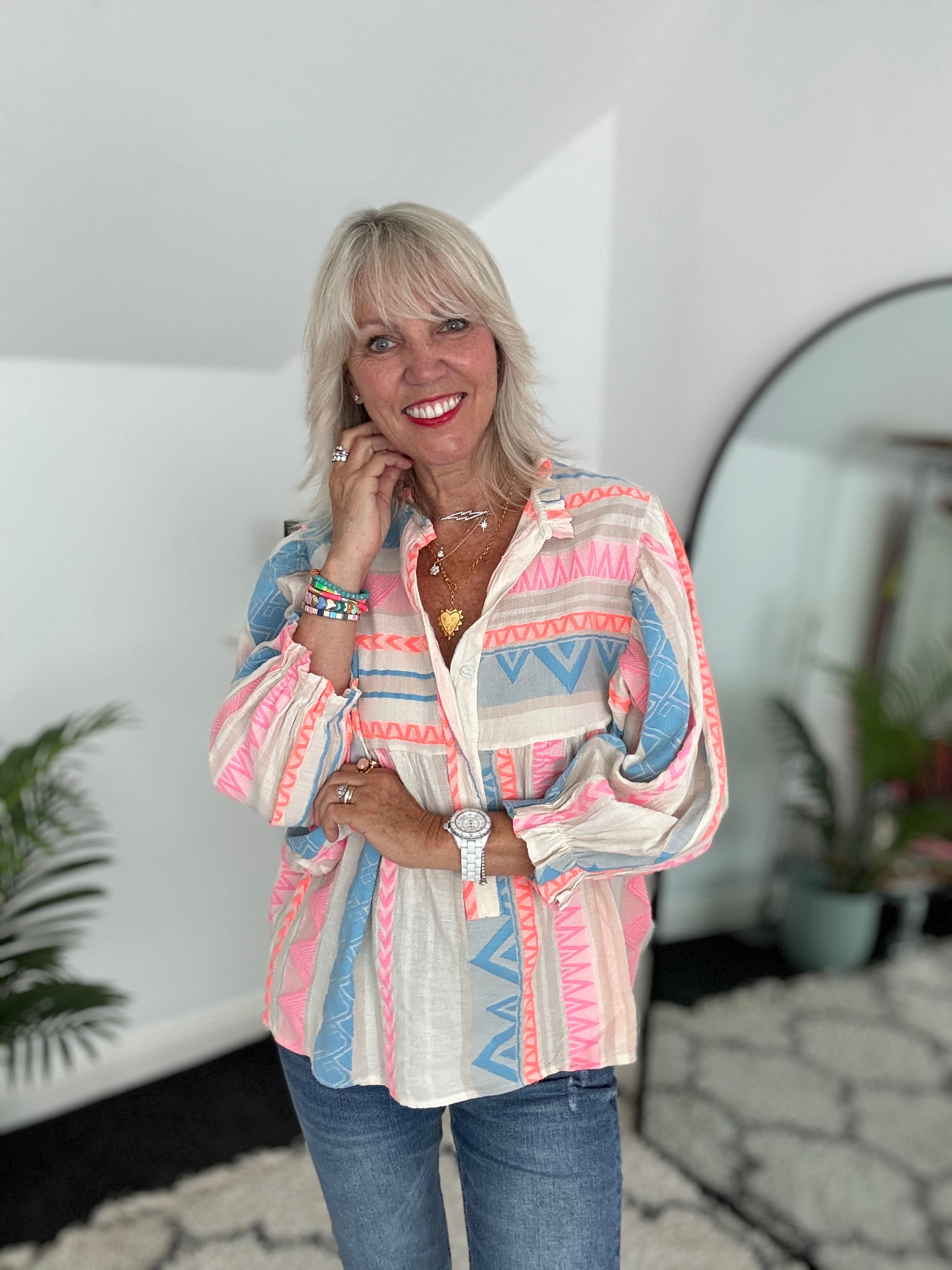 Embroidered Shirt in Blue & Pink