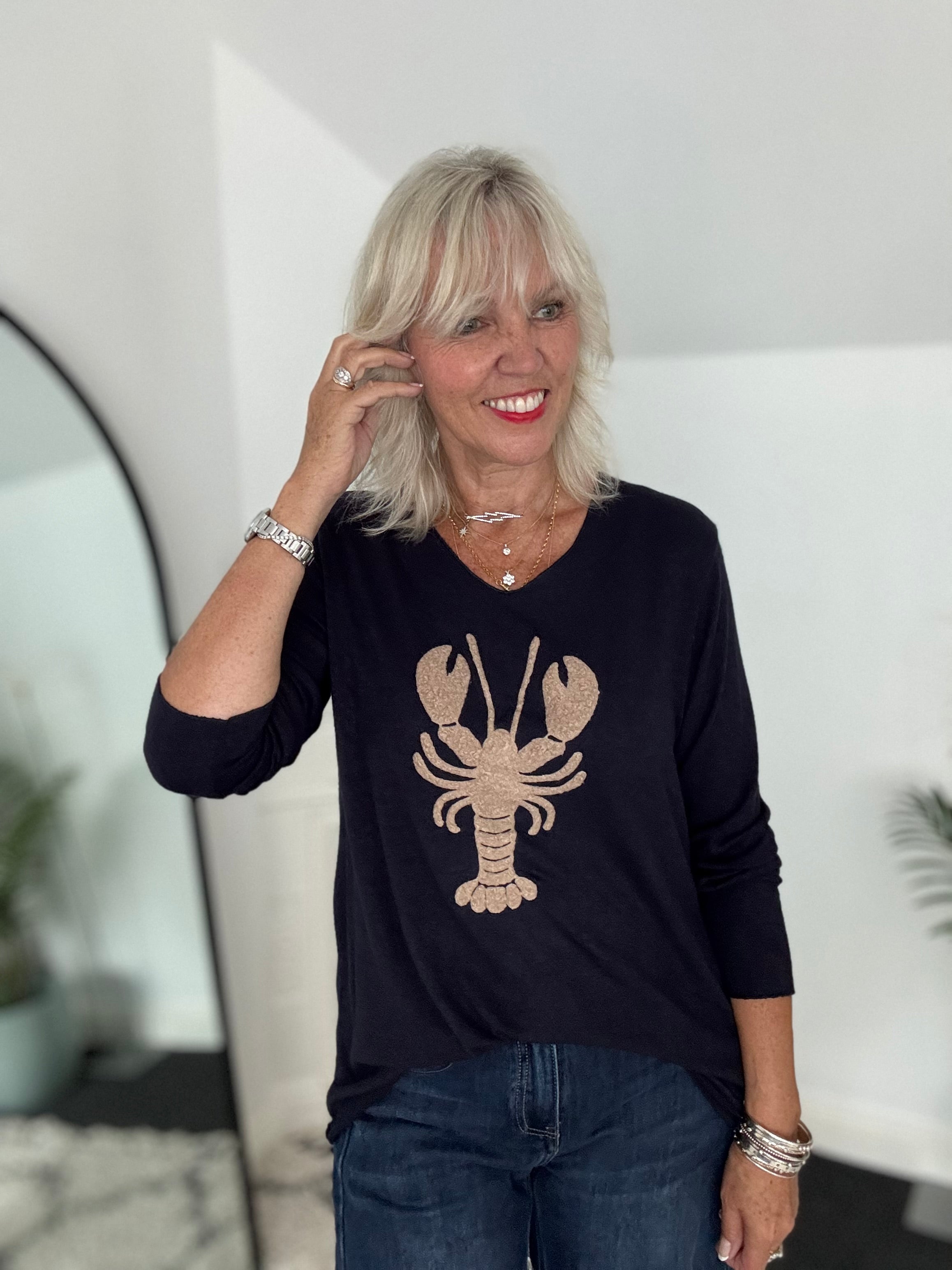 Soft V Neck Lobster Knit in Ink