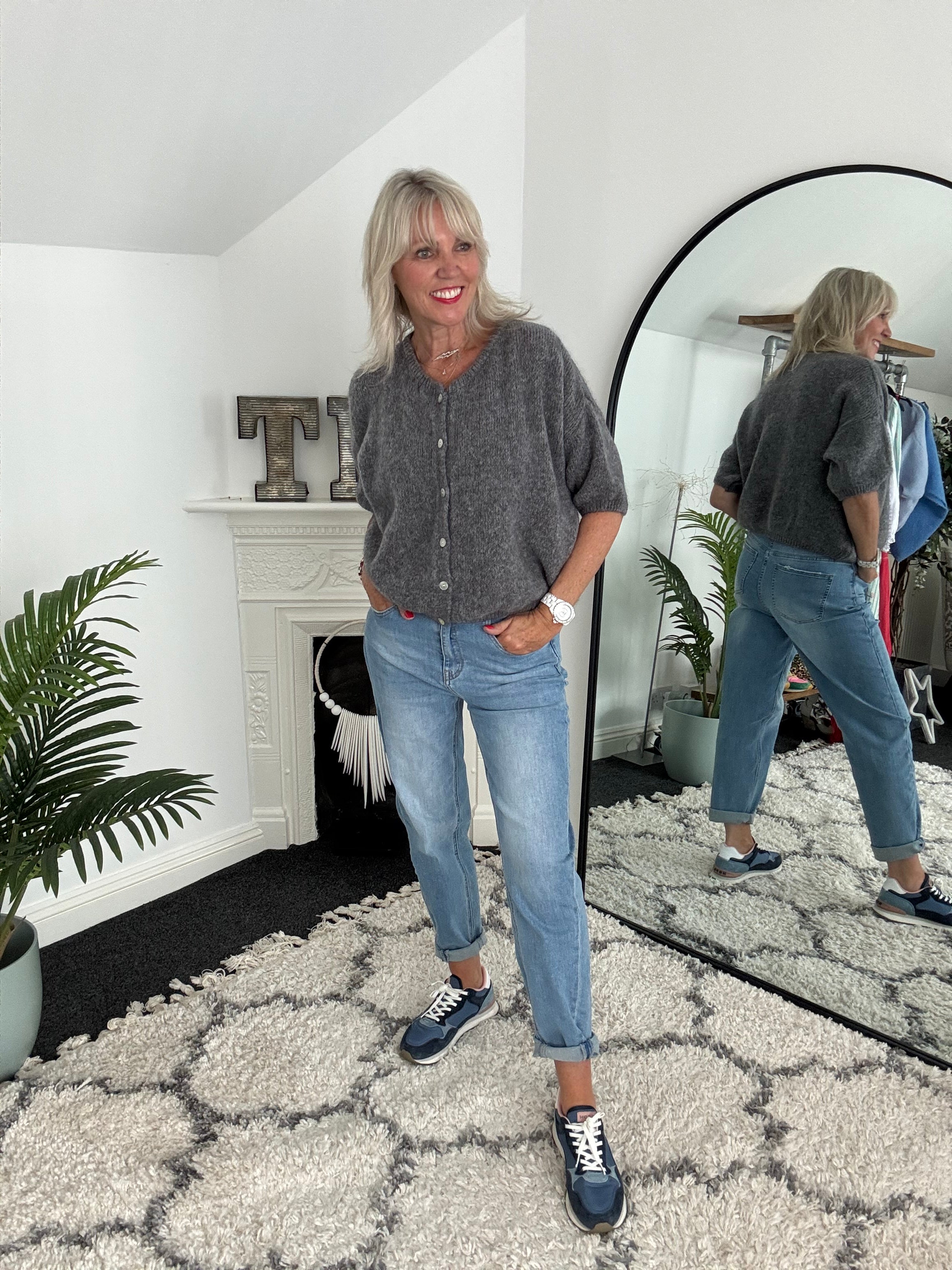 Cropped Sleeve Buttoned Cardi in Soft Charcoal