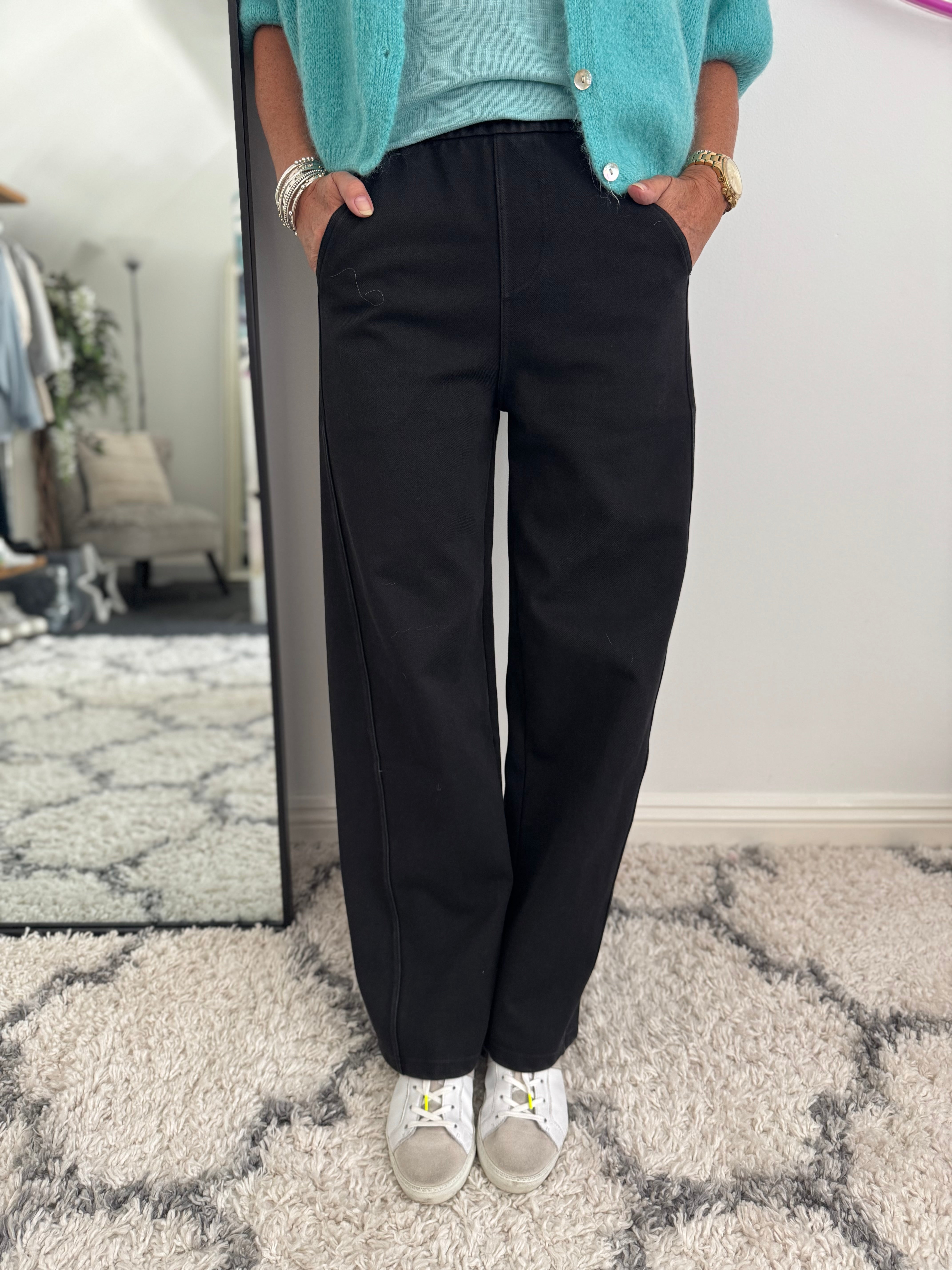 Stretch Denim Trousers in Washed Black