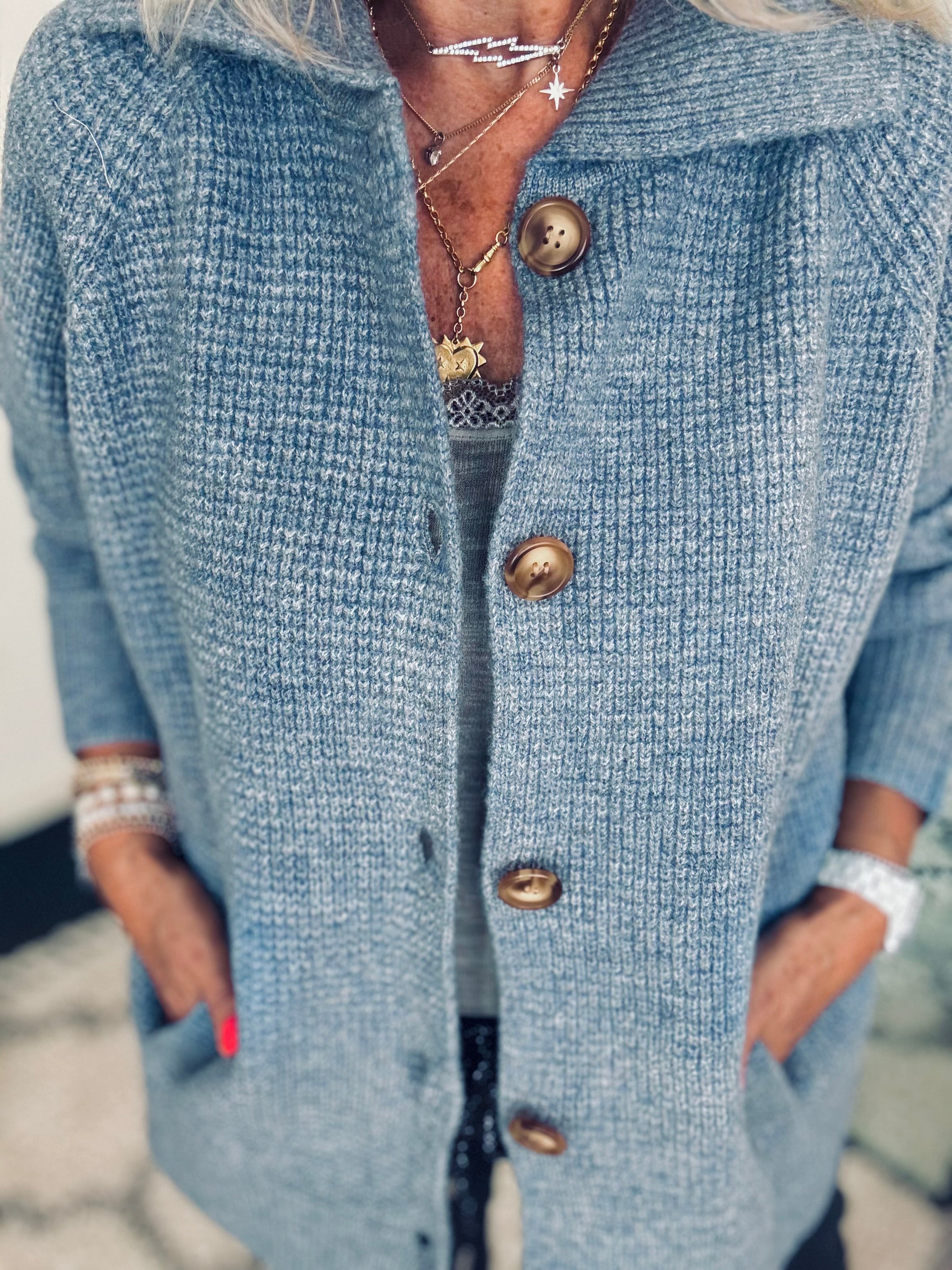 Fisherman Rib Knitted Jacket in Blue