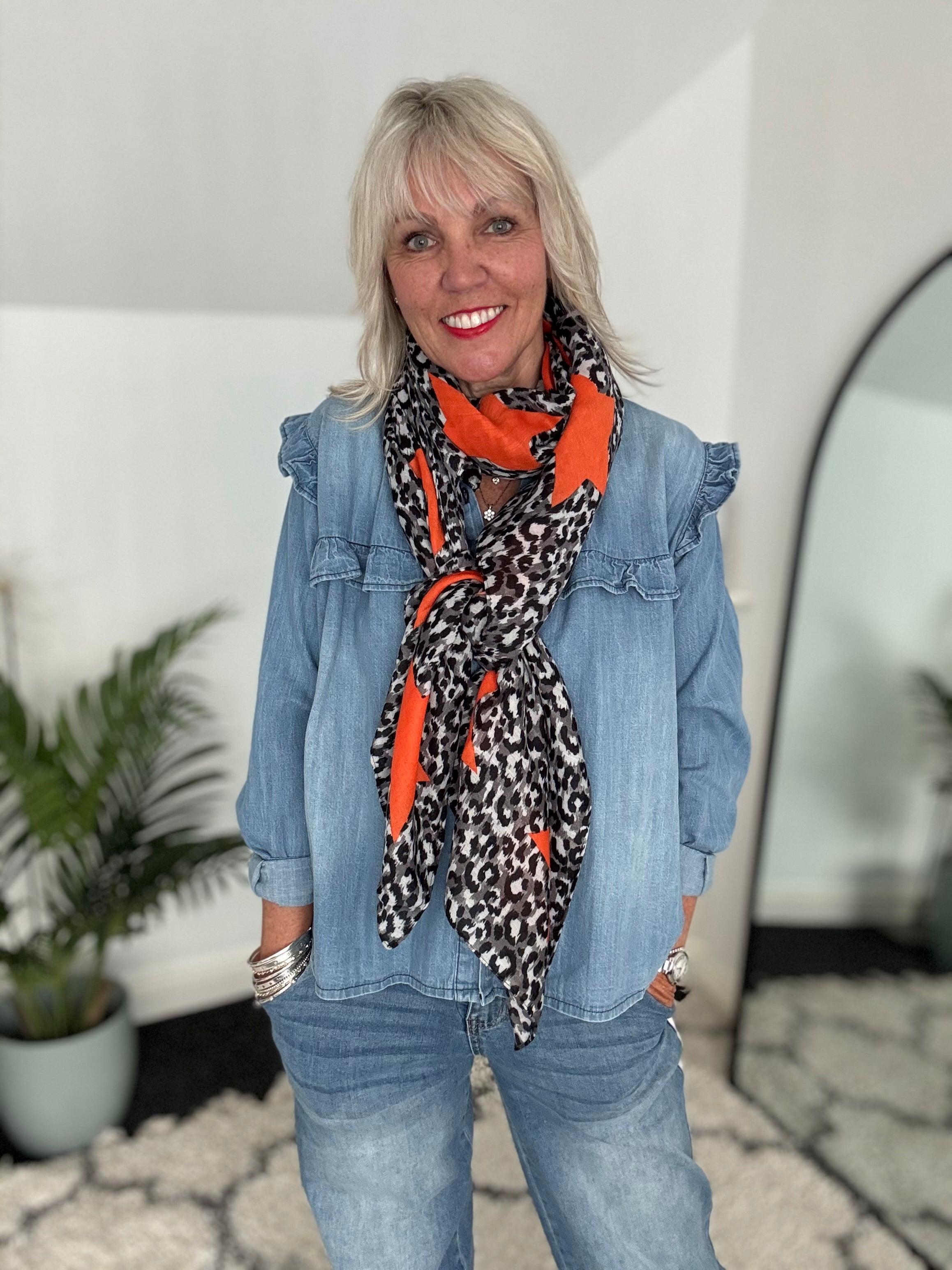 Leopard Scarf with Orange Stars