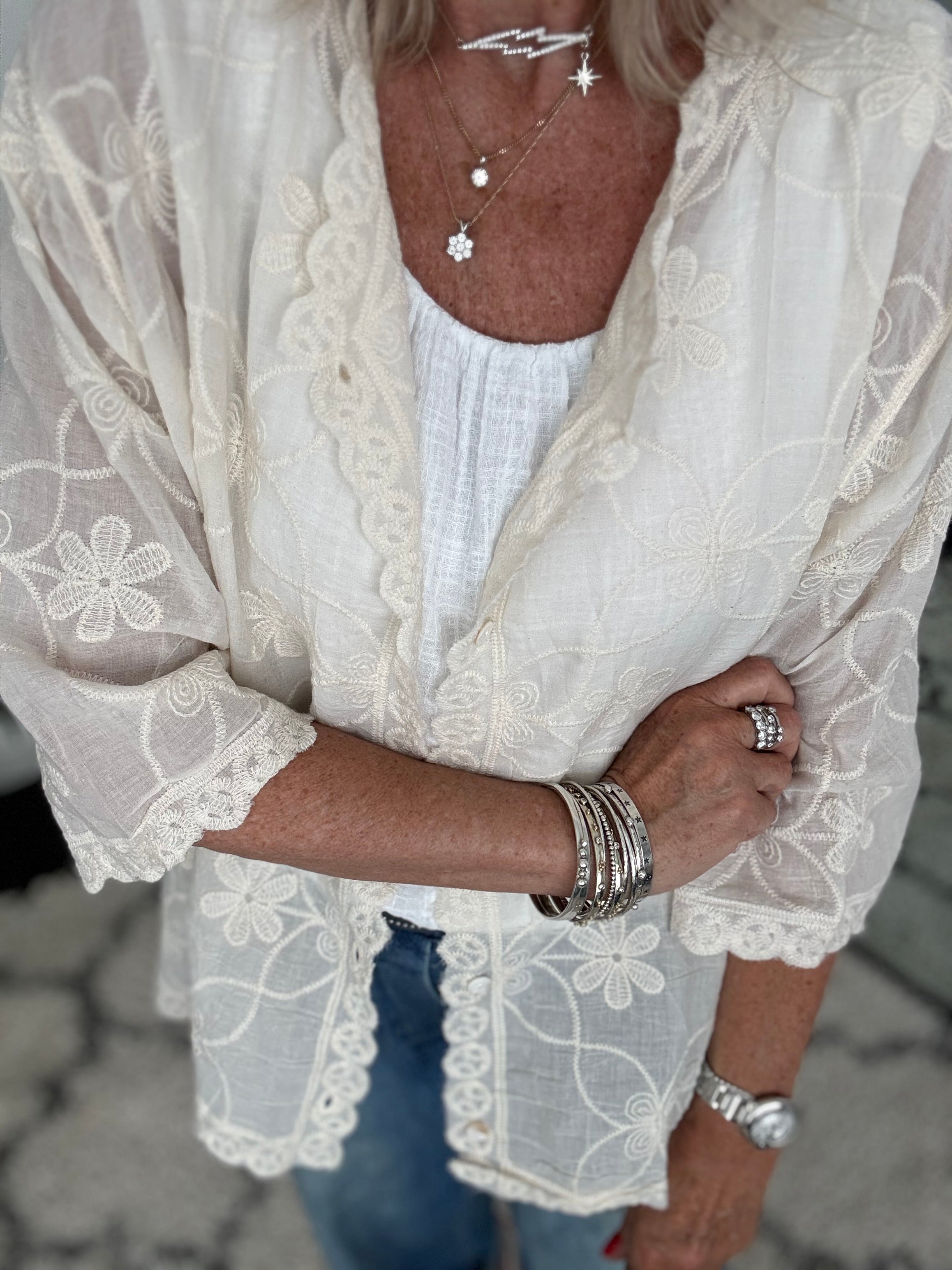 Buttoned Lace Top in Ecru