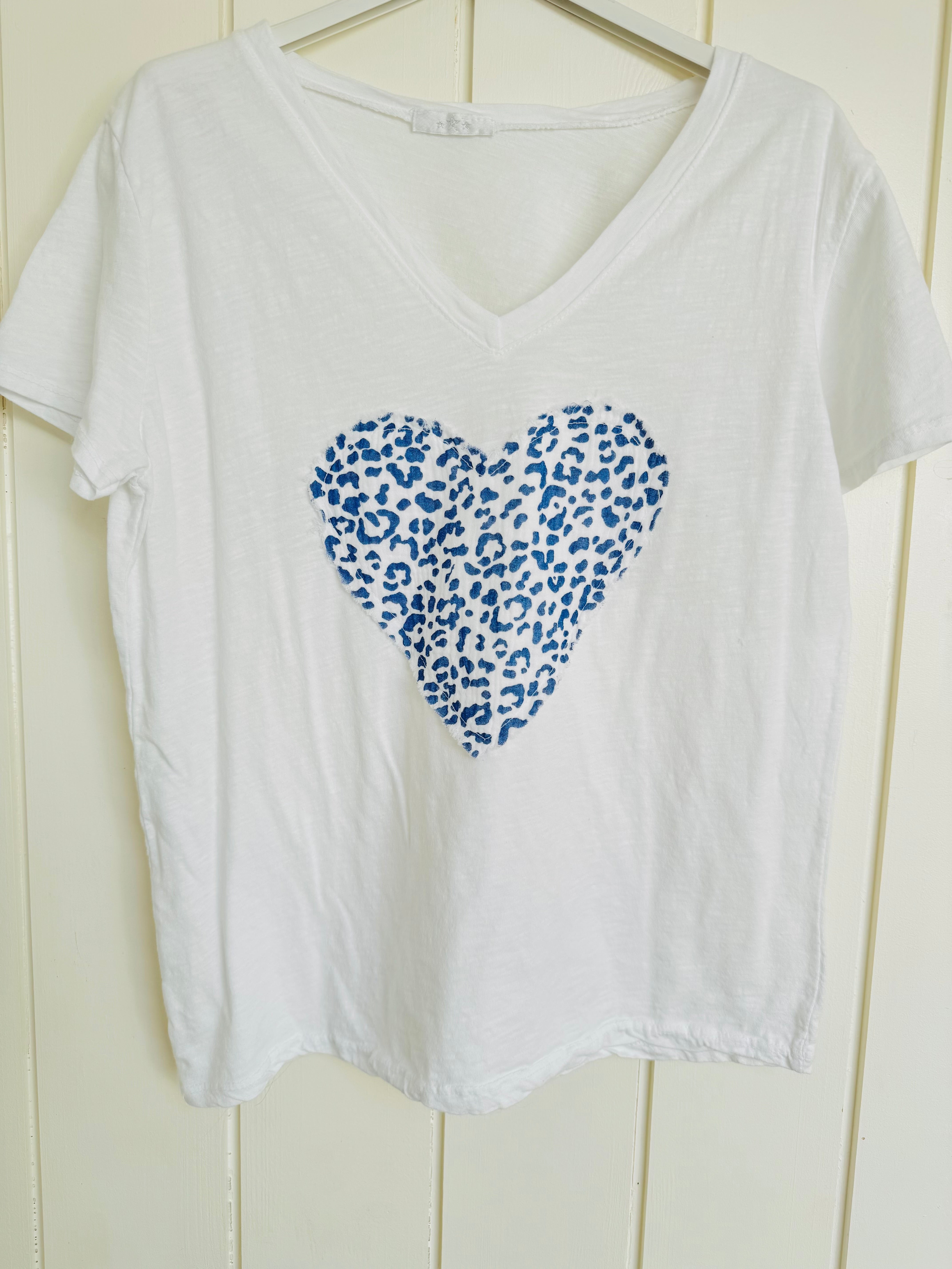 White Tee with Leopard Heart in Blue