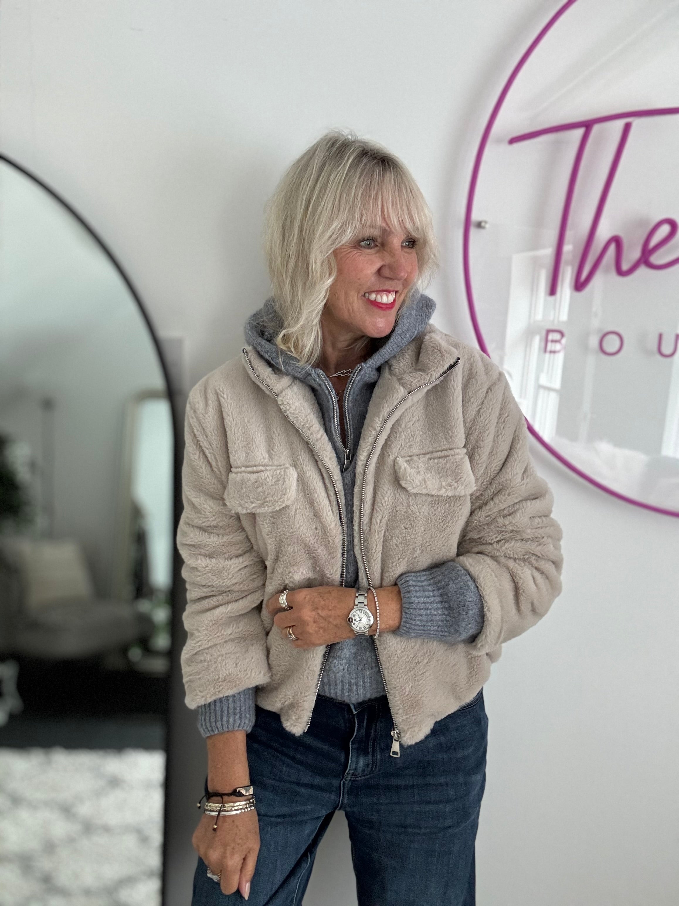 Faux Fur Jacket in Stone