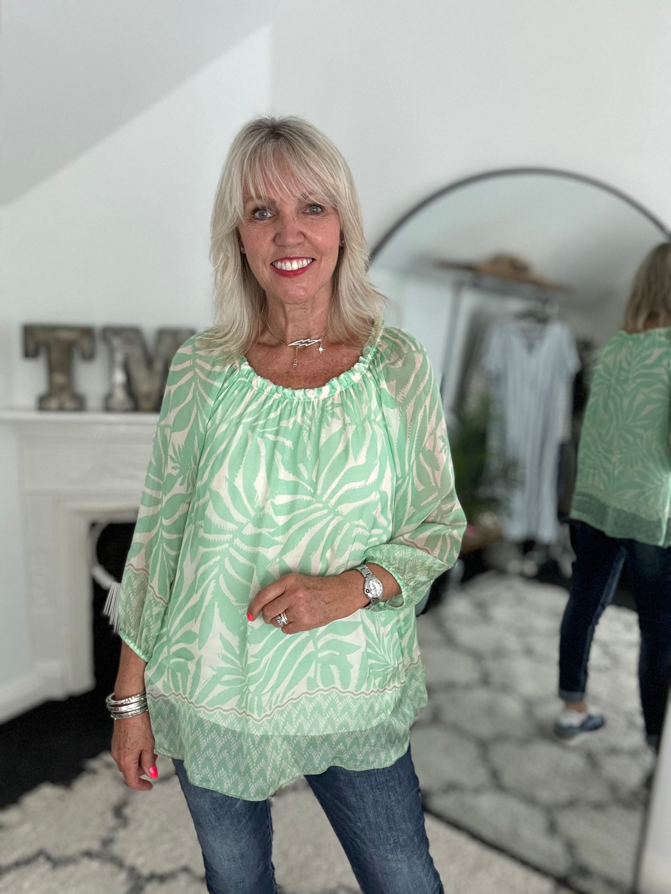 Silk Top in Mint & Ivory