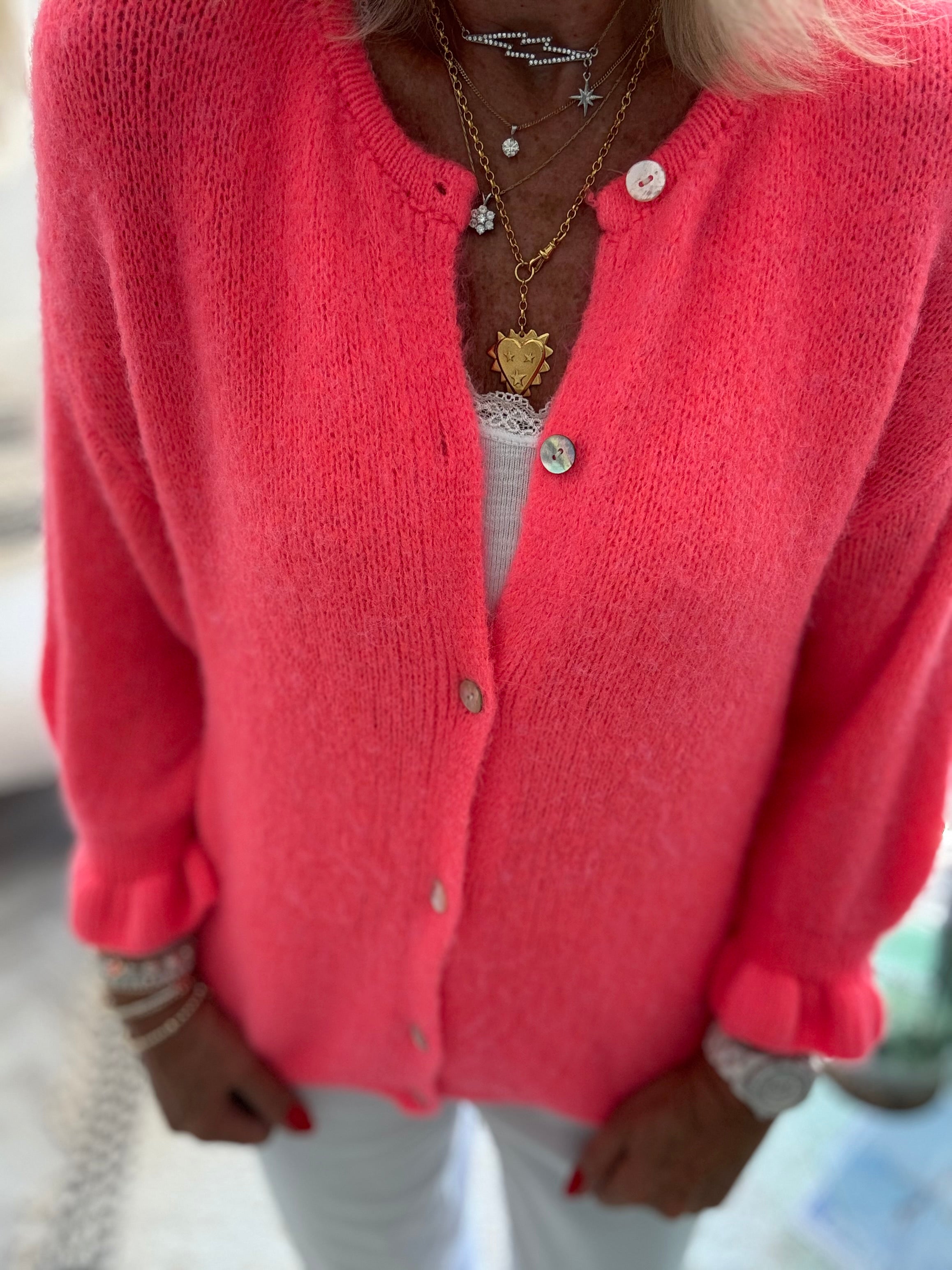 Alpaca Cardi with Frill Cuffs in Neon Coral