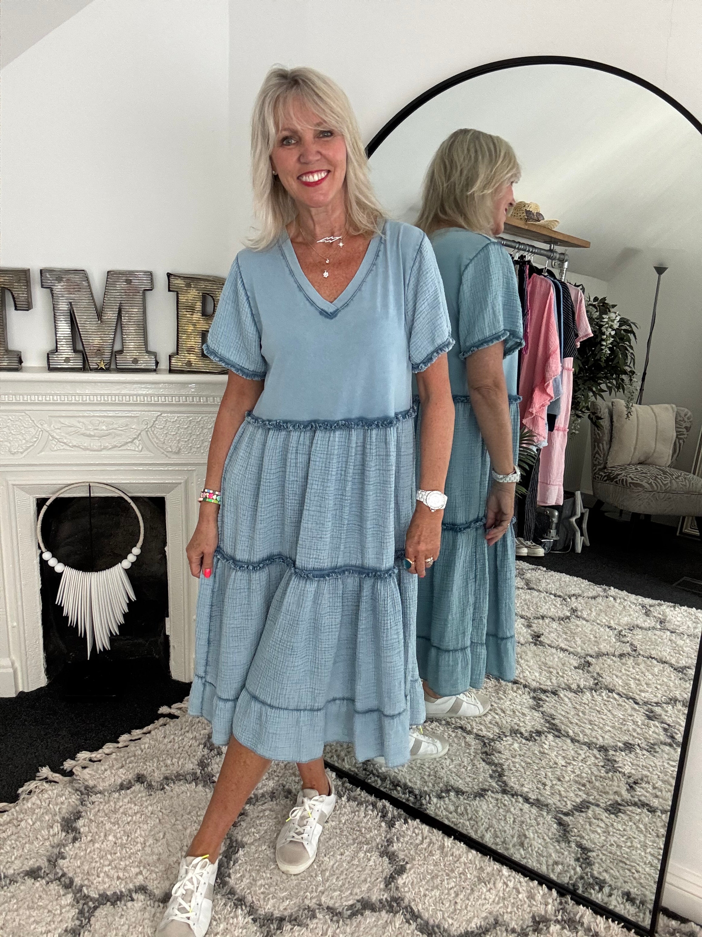 Tiered Cheesecloth Dress in Blue