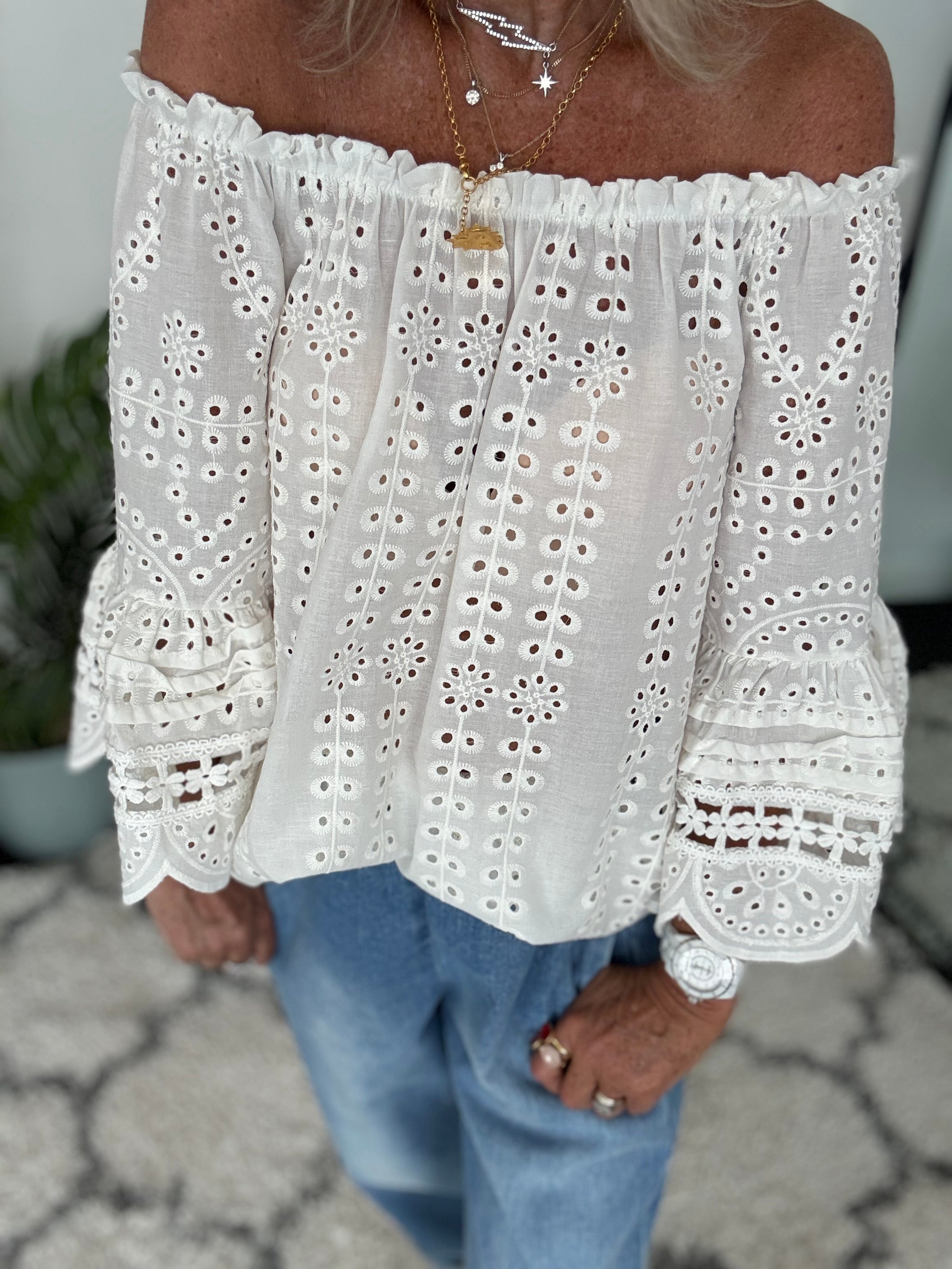 Designer Broderie Anglaise Top in Ivory