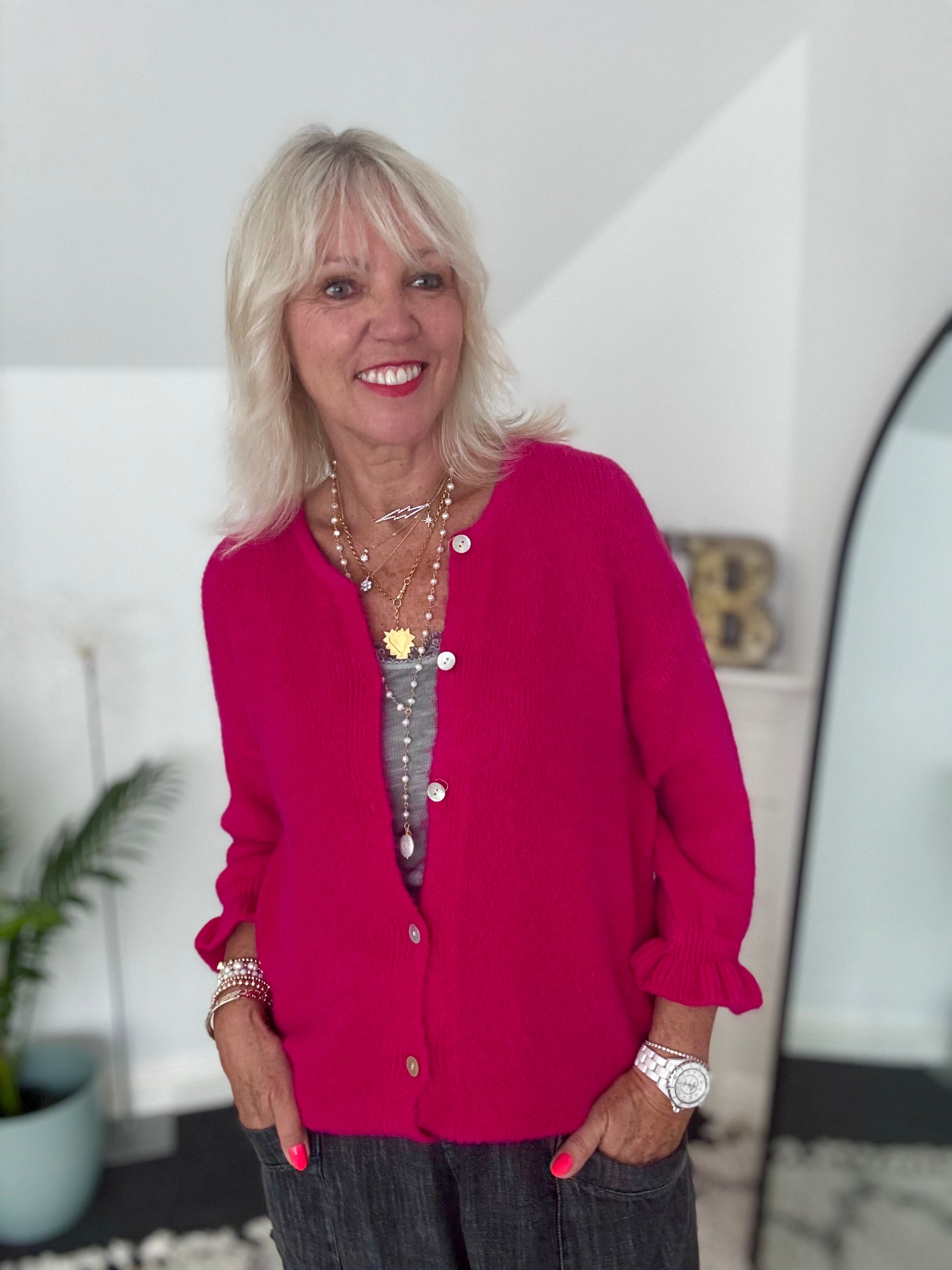 Alpaca Cardi with Frill Cuffs in Raspberry